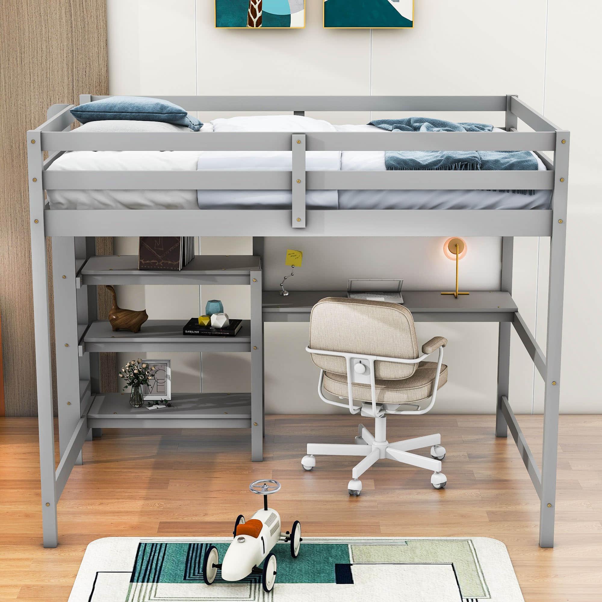 Wooden Full Loft Bed with Desk and Storage Shelves for Adult, Kids, Junior