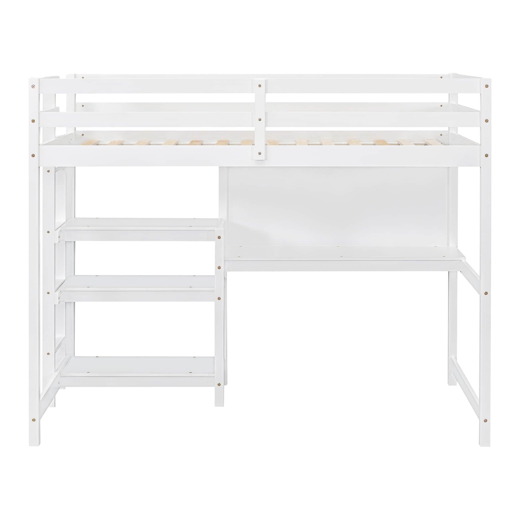 Wooden Twin Loft Bed with Desk and Storage Shelves for Adult, Kids, Junior