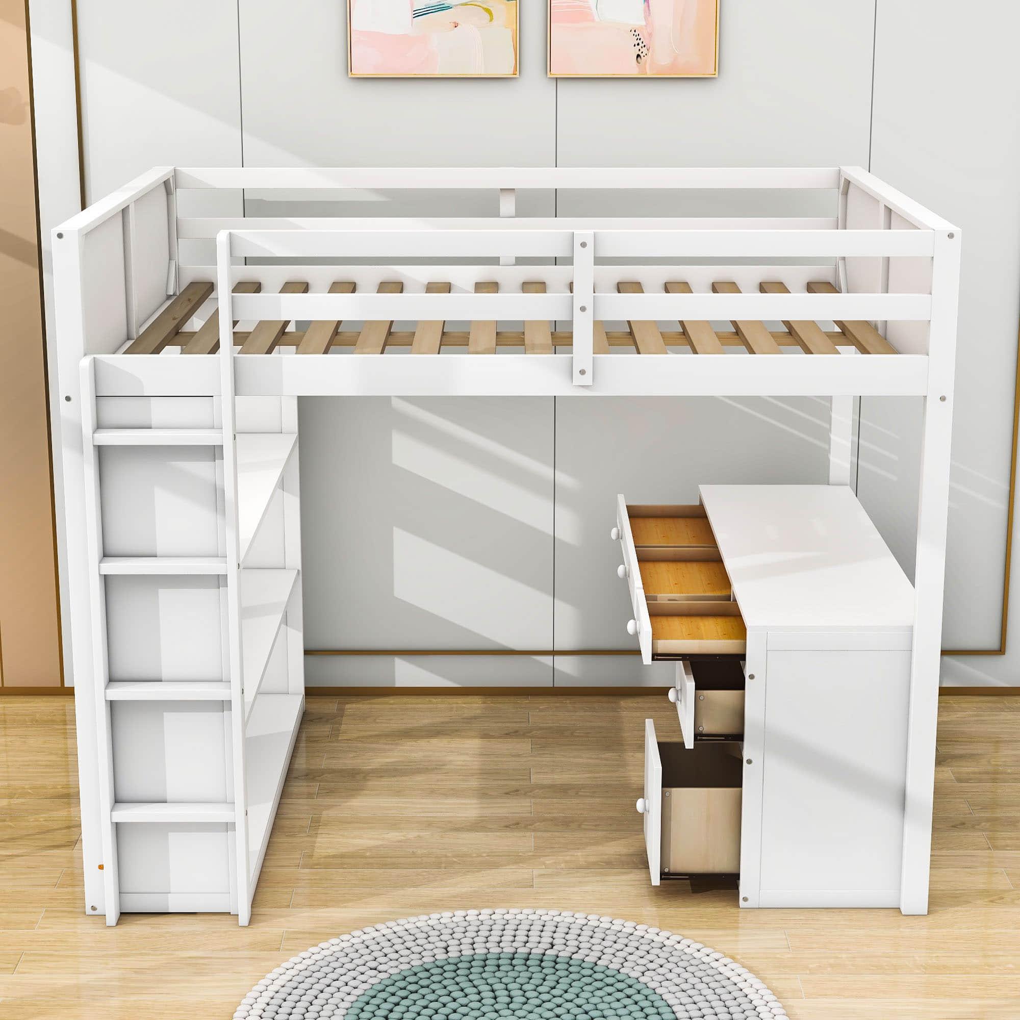 Full Size Loft Bed with Desk and Storage Drawers, Shelves for Adults, Kids - [Wood]