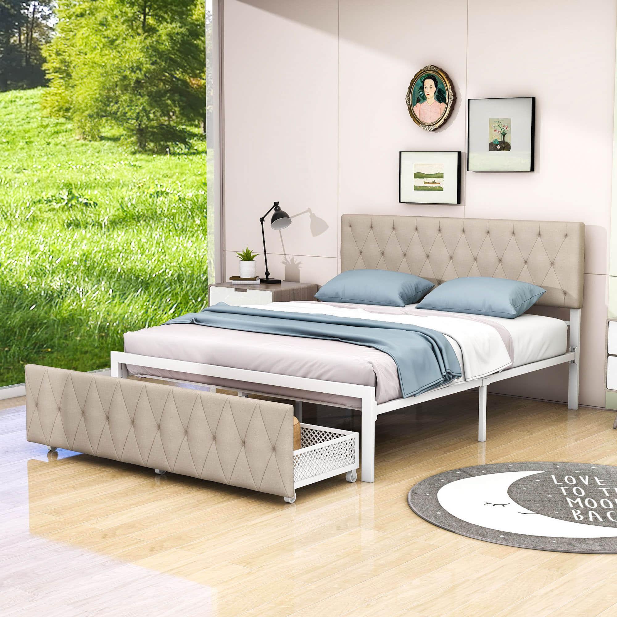 Metal Queen Size Upholstered Storage Bed with Headboard and Drawers