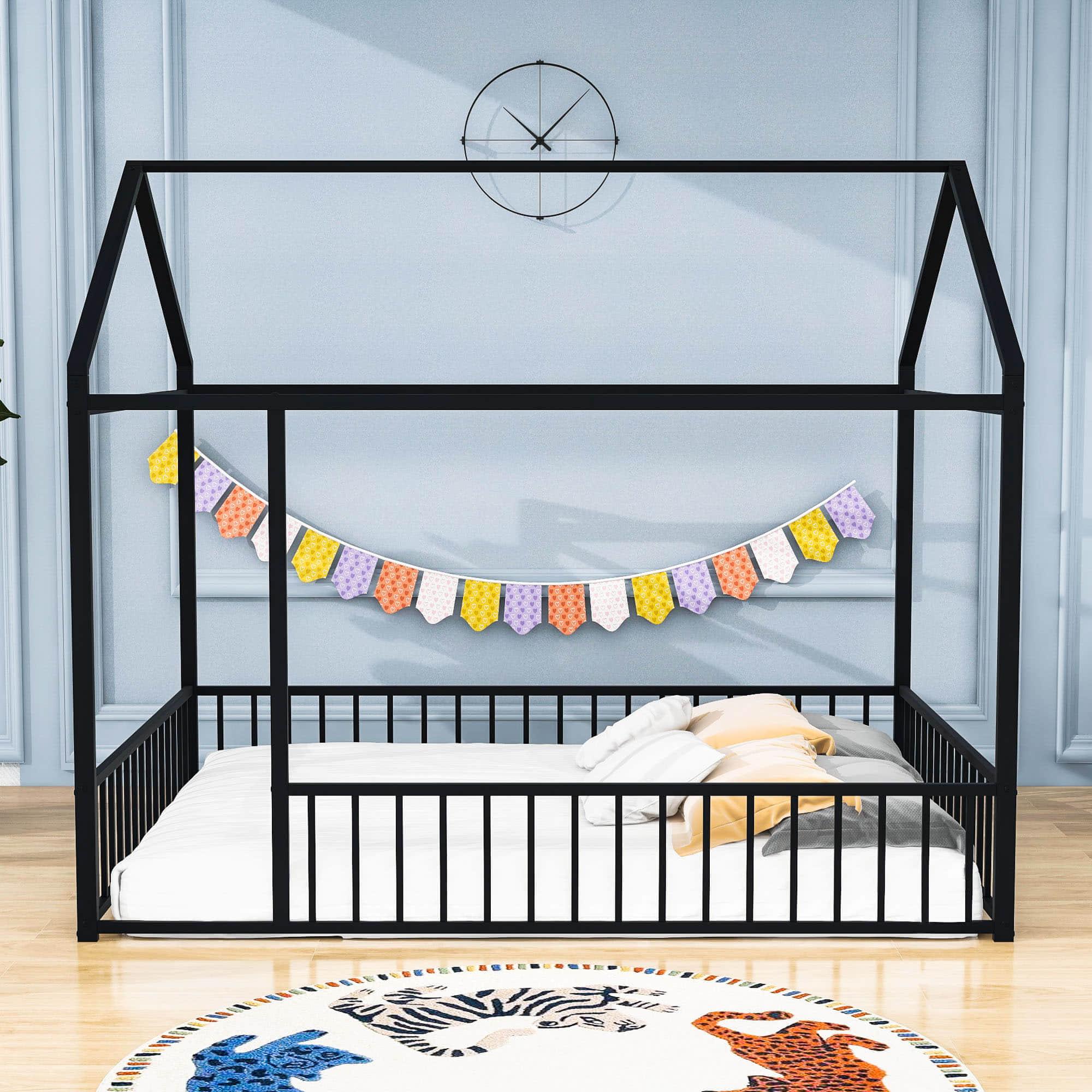 Full Size Metal House Toddler Floor Bed with Rails for Boys and Girls