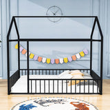 Full Size Metal House Toddler Floor Bed with Rails for Boys and Girls