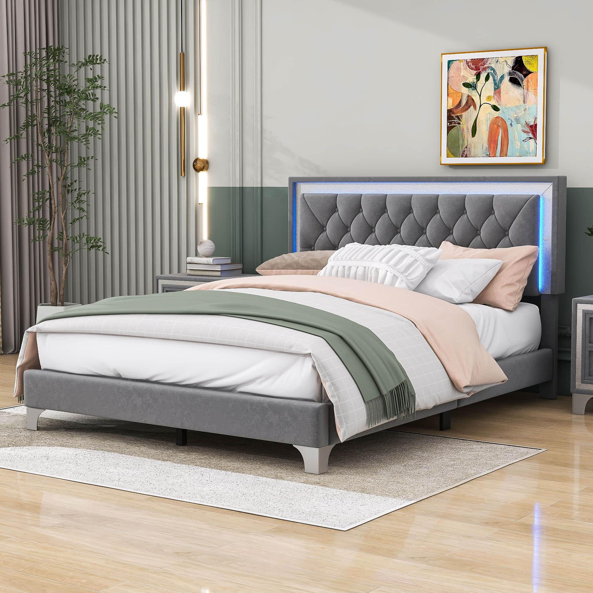 Modern Queen Size Upholstered Bed Frame with LED Lights and Headboard