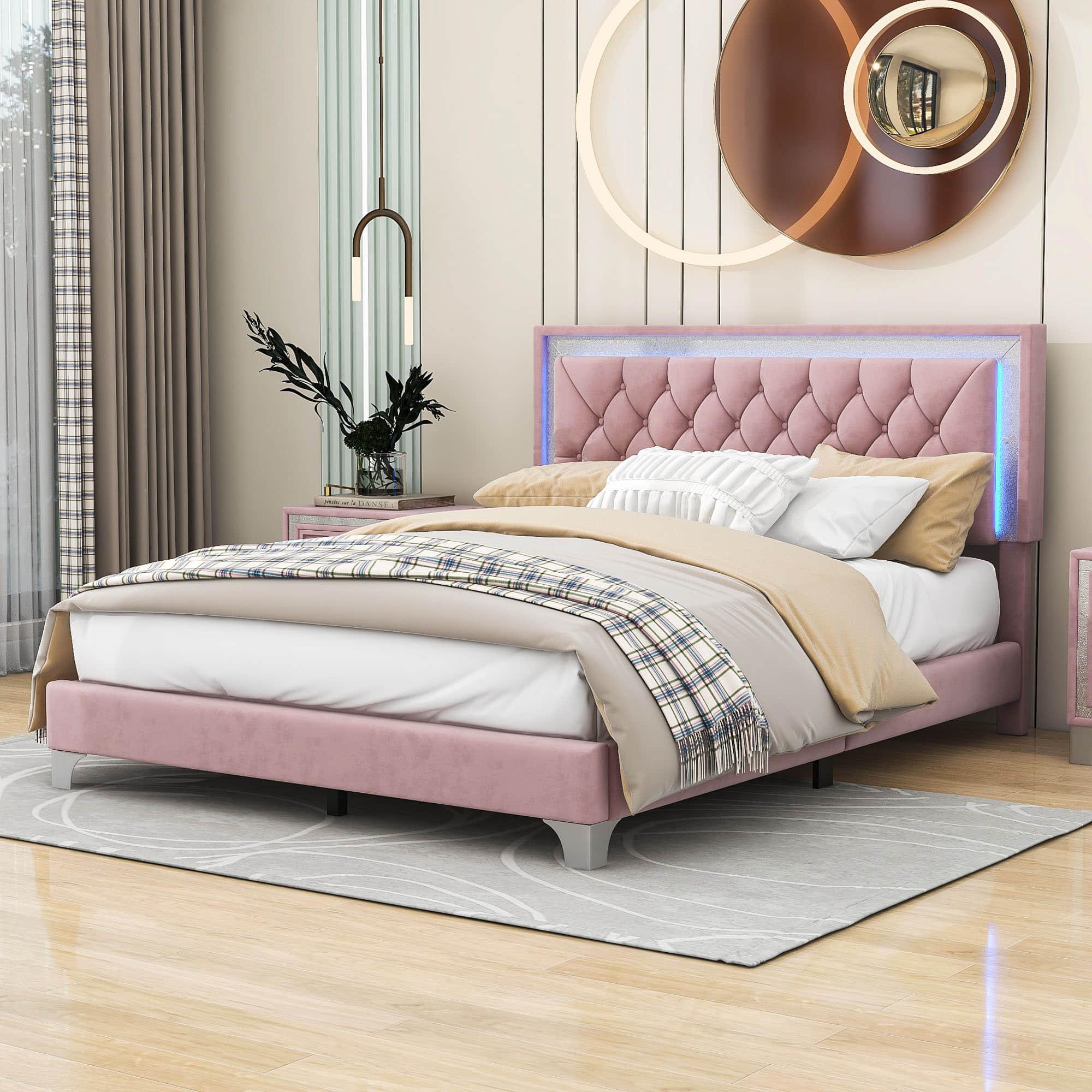 Modern Queen Size Upholstered Bed Frame with LED Lights and Headboard