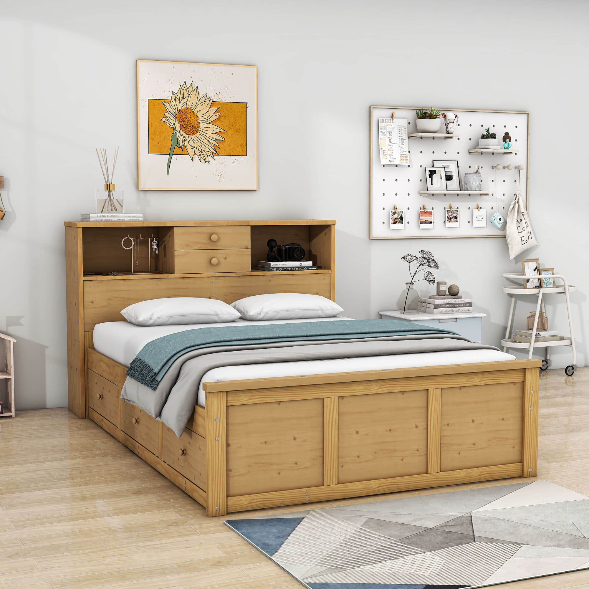 Wood Smart Full Platform Bed with Twin Trundle and Storage Headboard