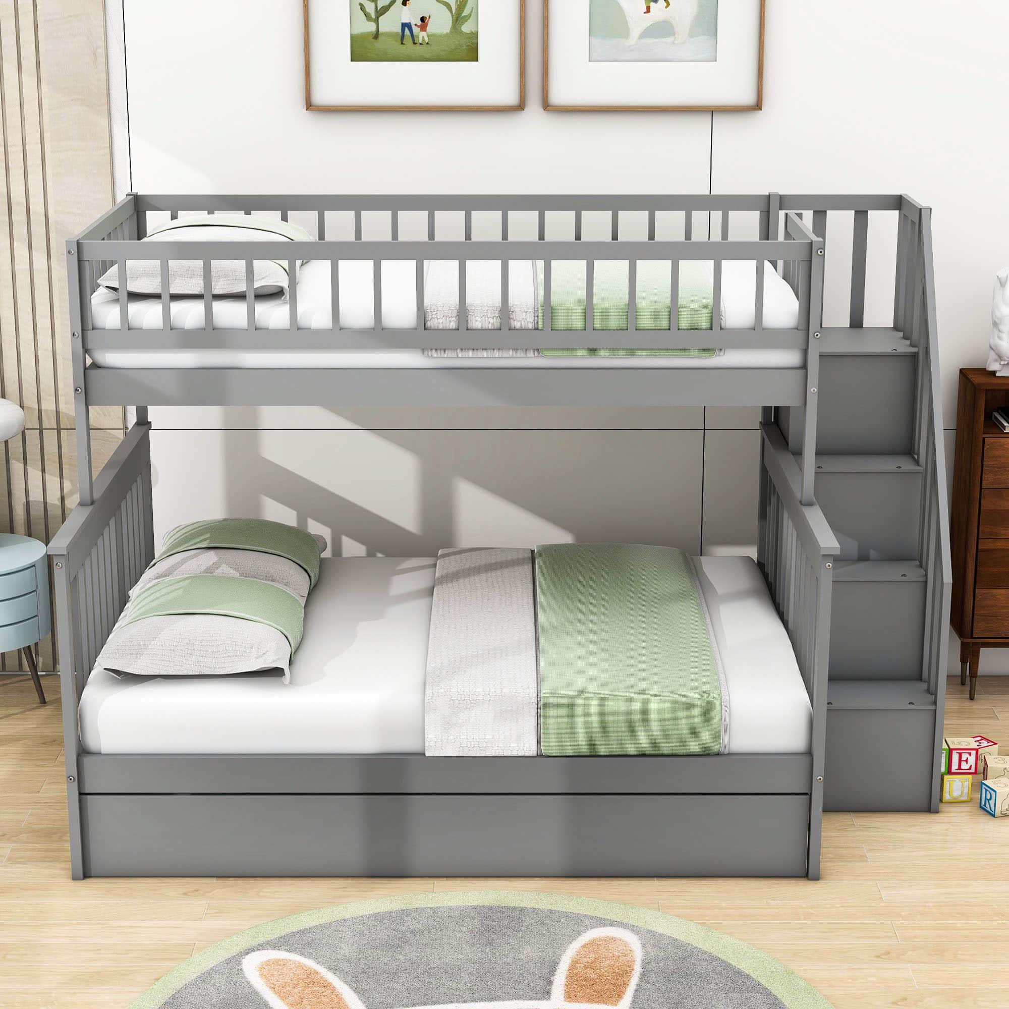 Wooden Twin Over Full Bunk Bed with Stairs and Trundle, Storage Shelves