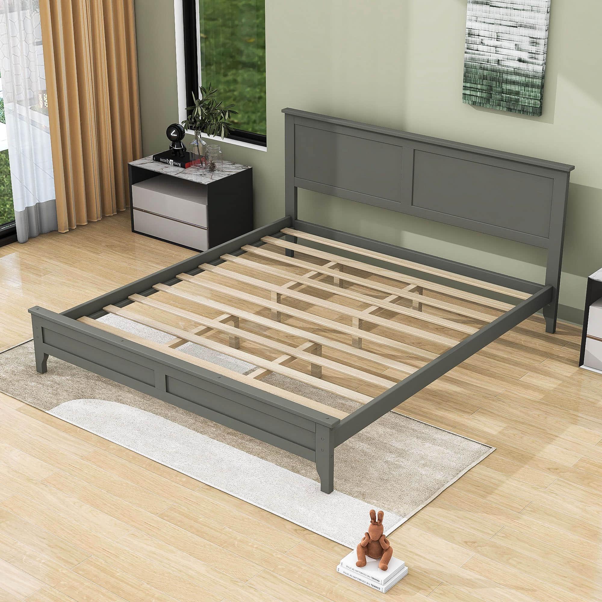 Mid-Century Modern Solid Wood King Size Platform Bed with Headboard