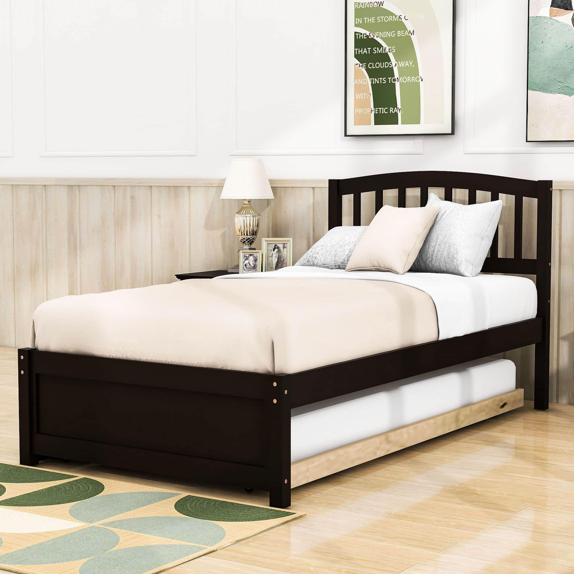 Wooden Twin Platform Bed with Trundle and Headboard