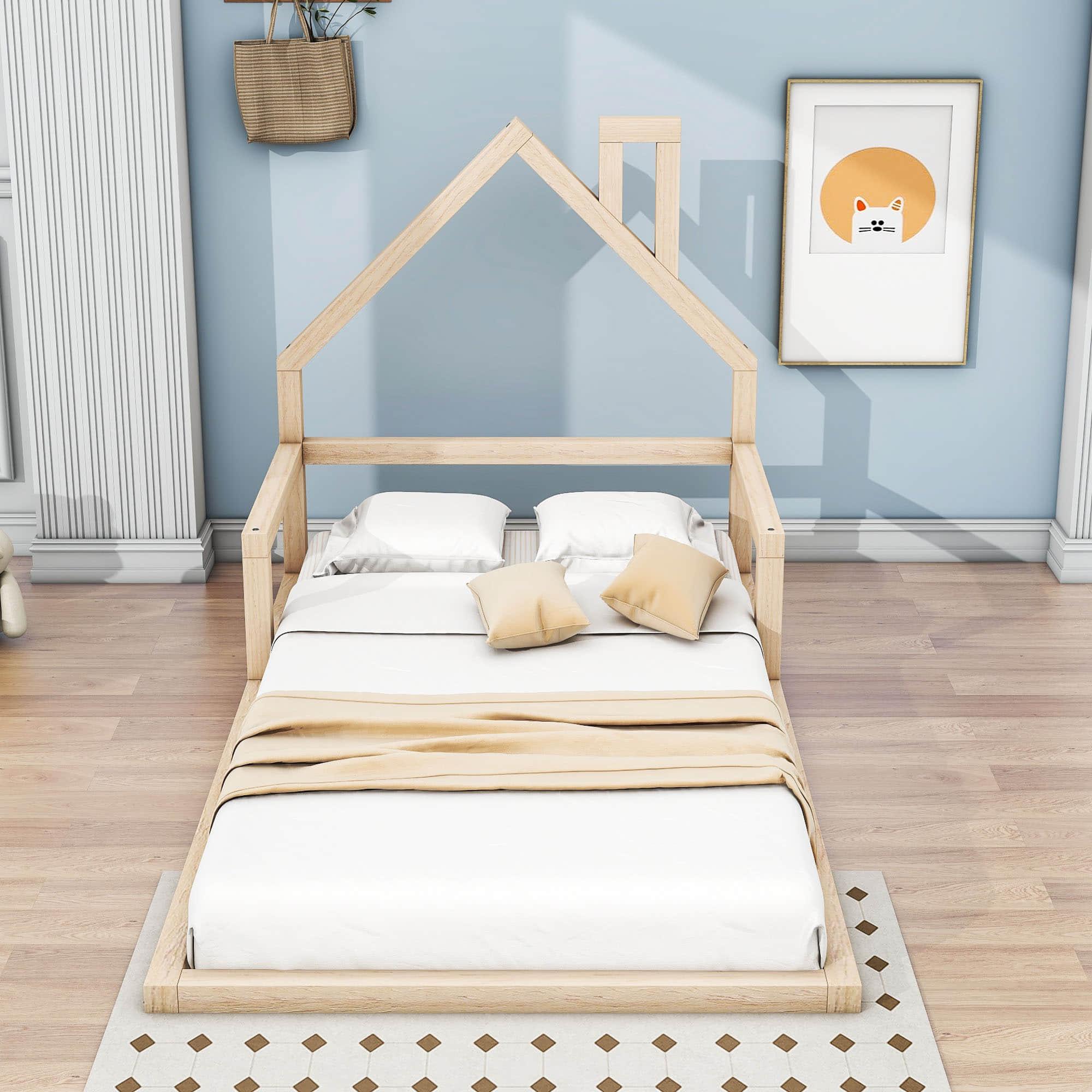 Wood Twin Toddler Floor Bed Frame with Rails and House-Shaped Headboard