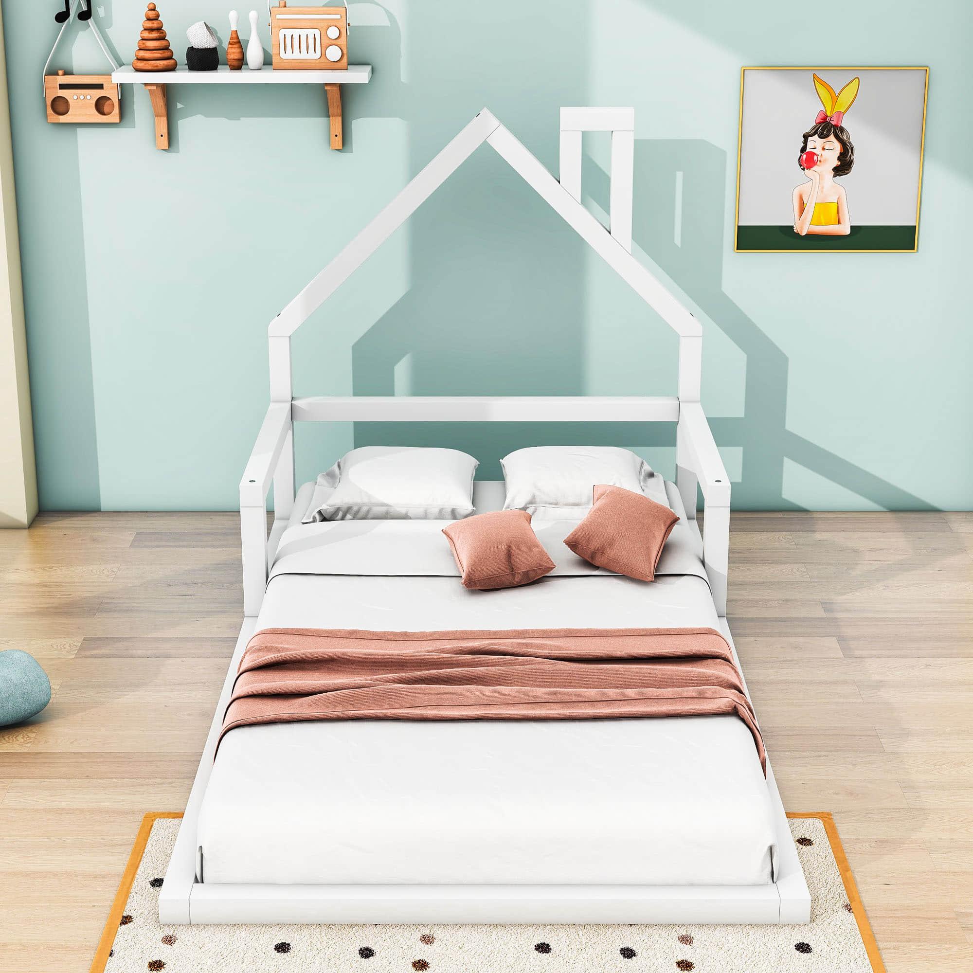 Wood Twin Toddler Floor Bed Frame with Rails and House-Shaped Headboard