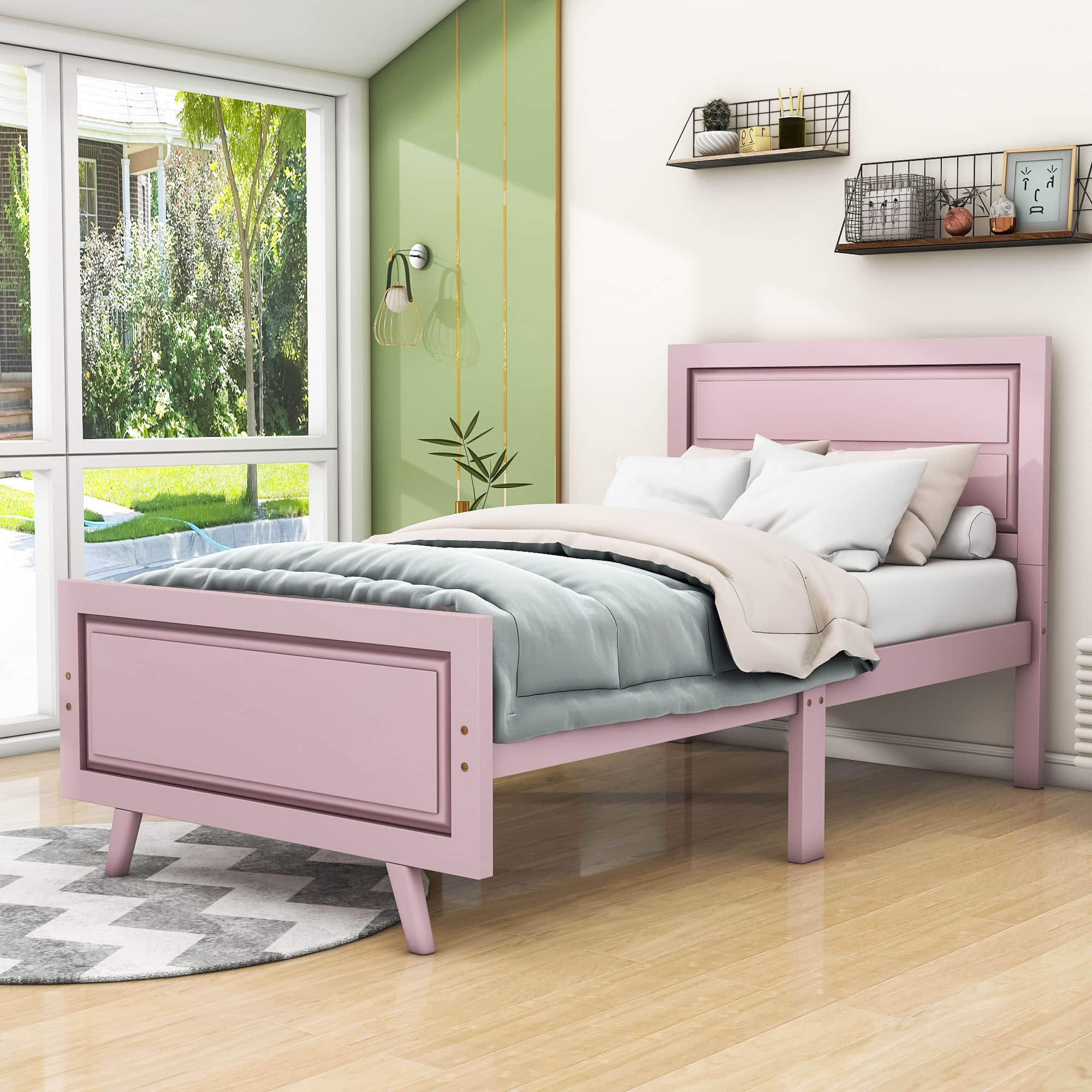 Wood Twin Platform Girls Bed Frame with Headboard and Footboard