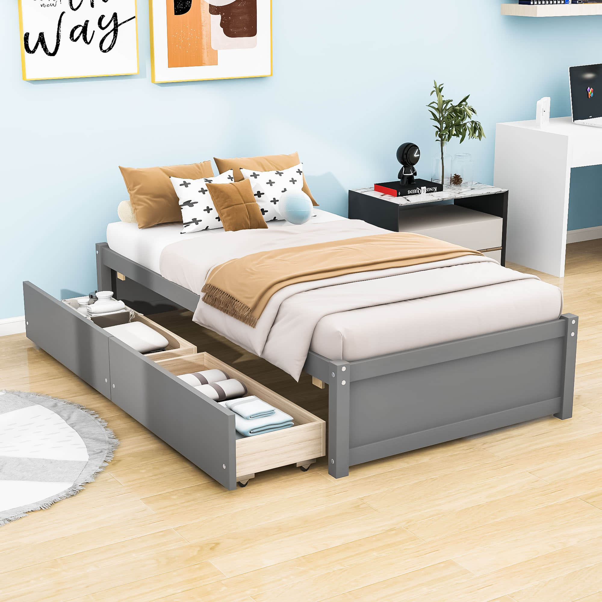 Solid Wood Twin Platform Bed Frame with Storage - [Drawers]