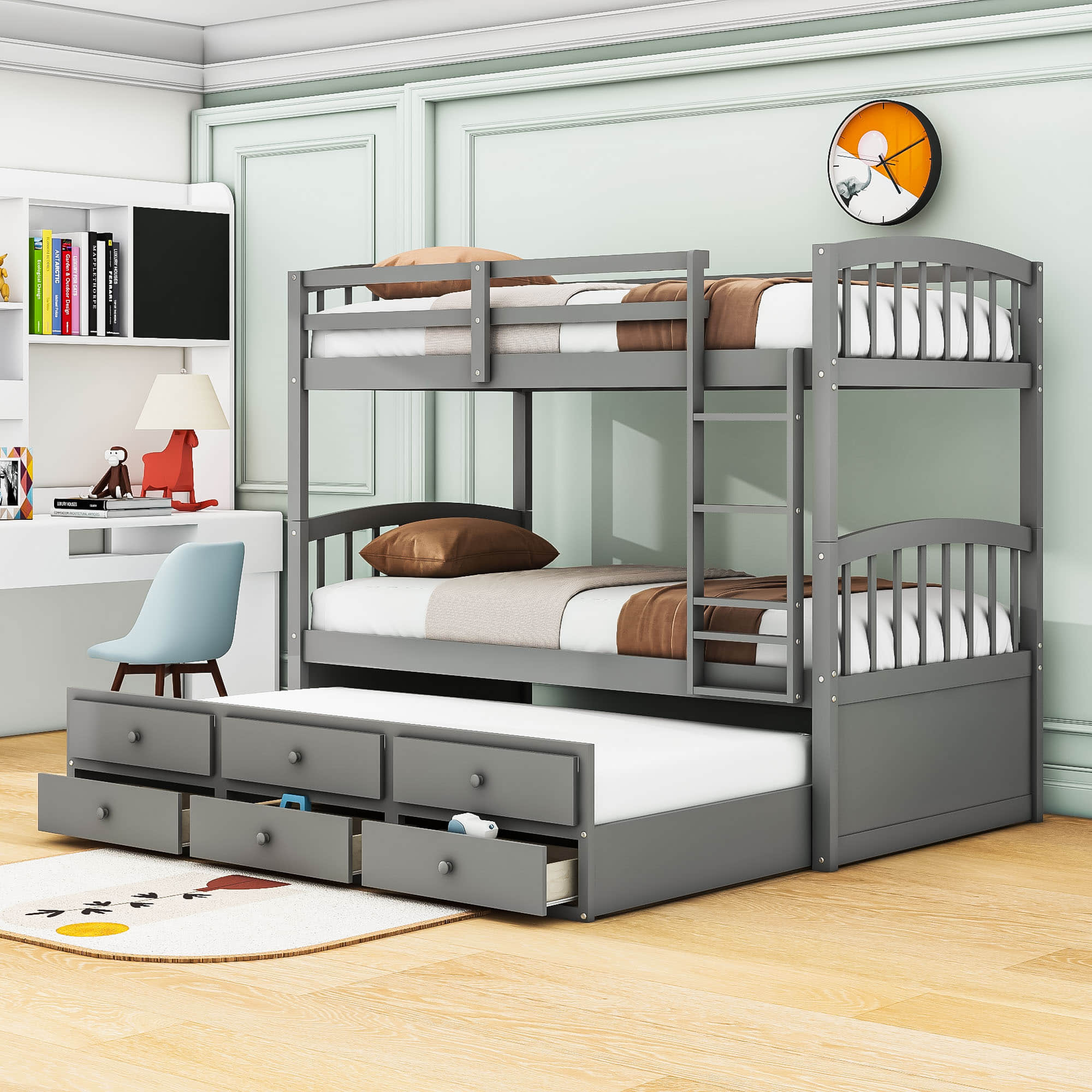 Convertible Twin Over Twin Bunk Beds for Kids Adults with Trundle and Storage - [Wood, Drawers]