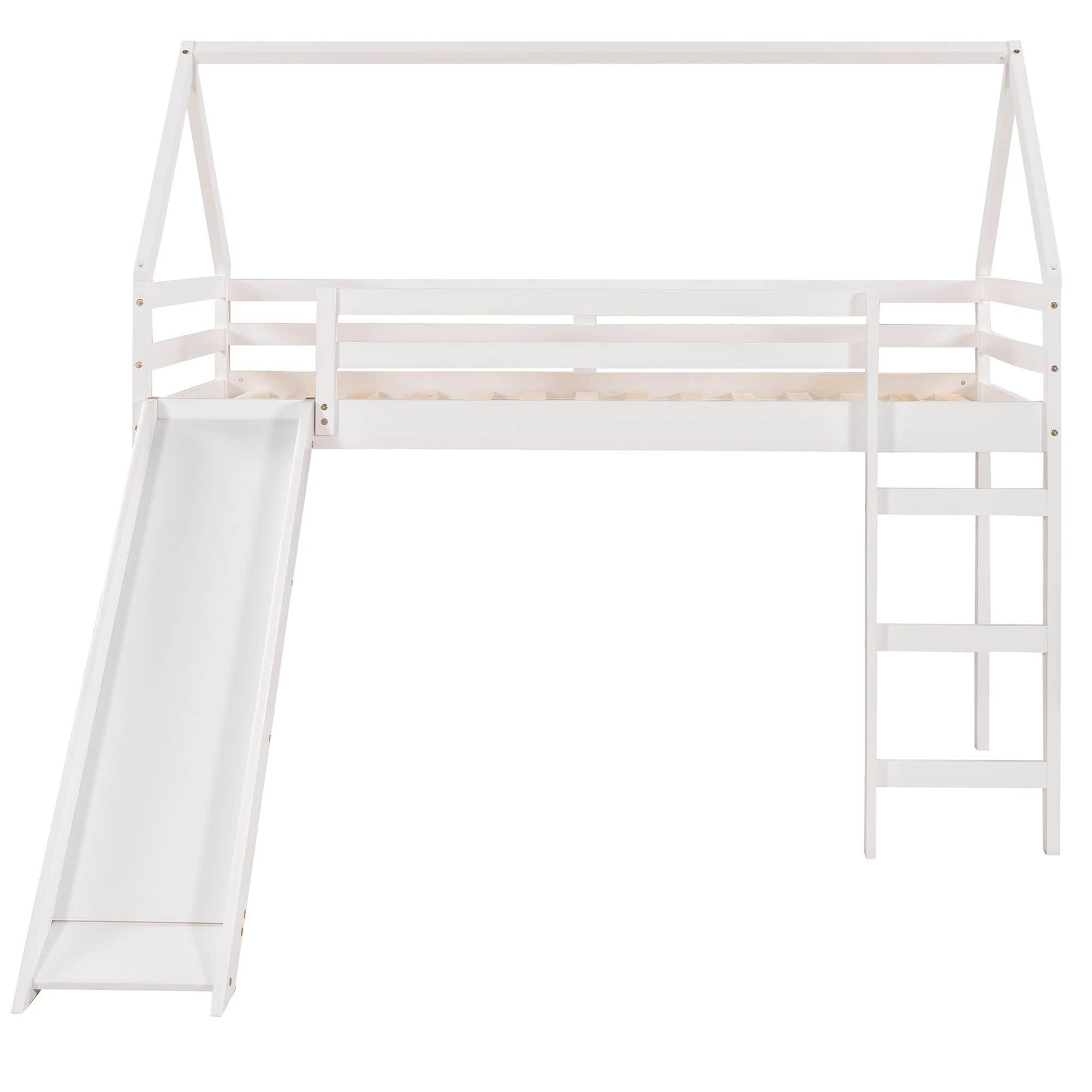 Wood House Twin Loft Bed for Kids with Slide