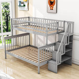 Twin Over Full Wooden Bunk Beds with Stairs and Storage Shelves