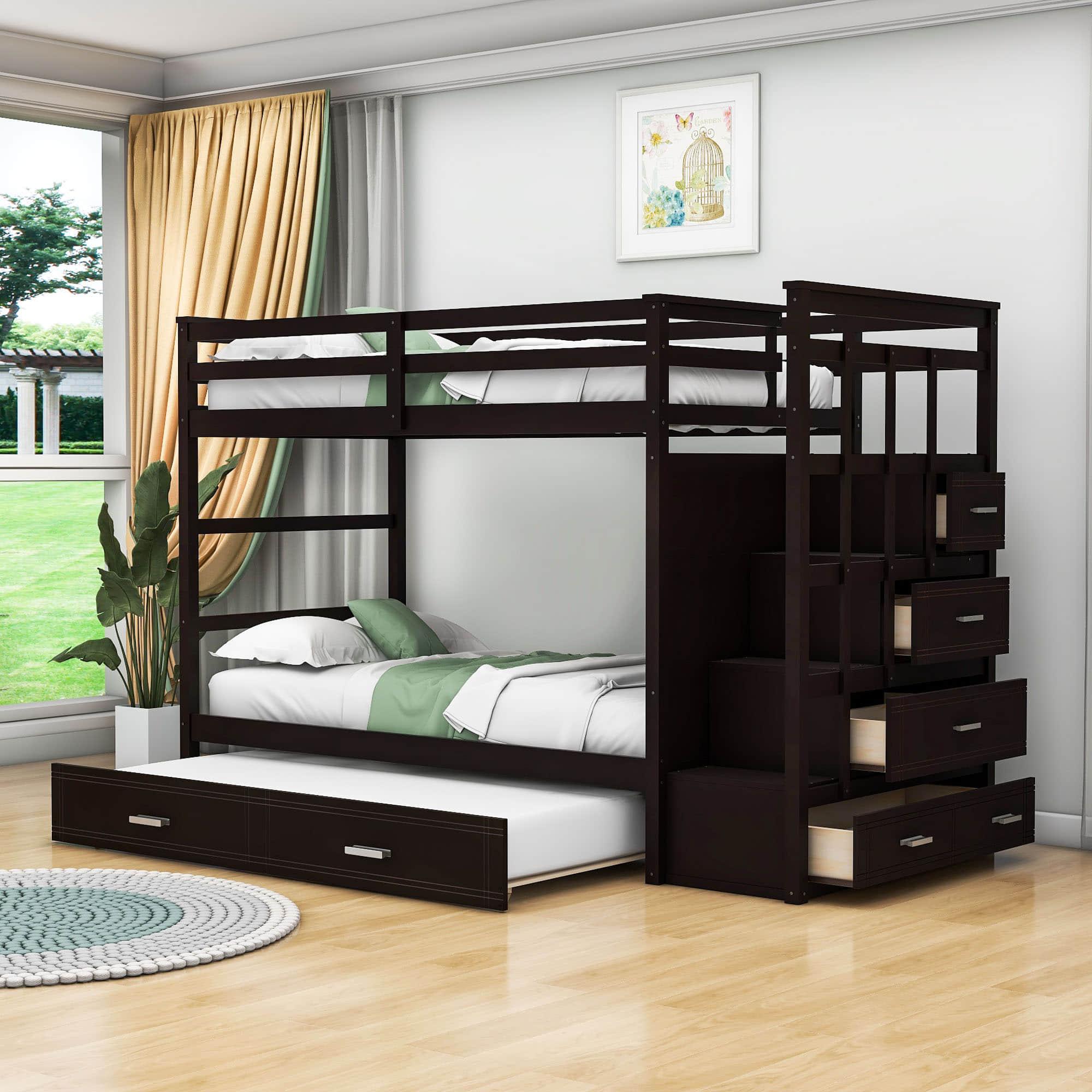 Twin Over Twin Bunk Beds with Stairs, Storage and Trundle - [Wooden, Drawers]