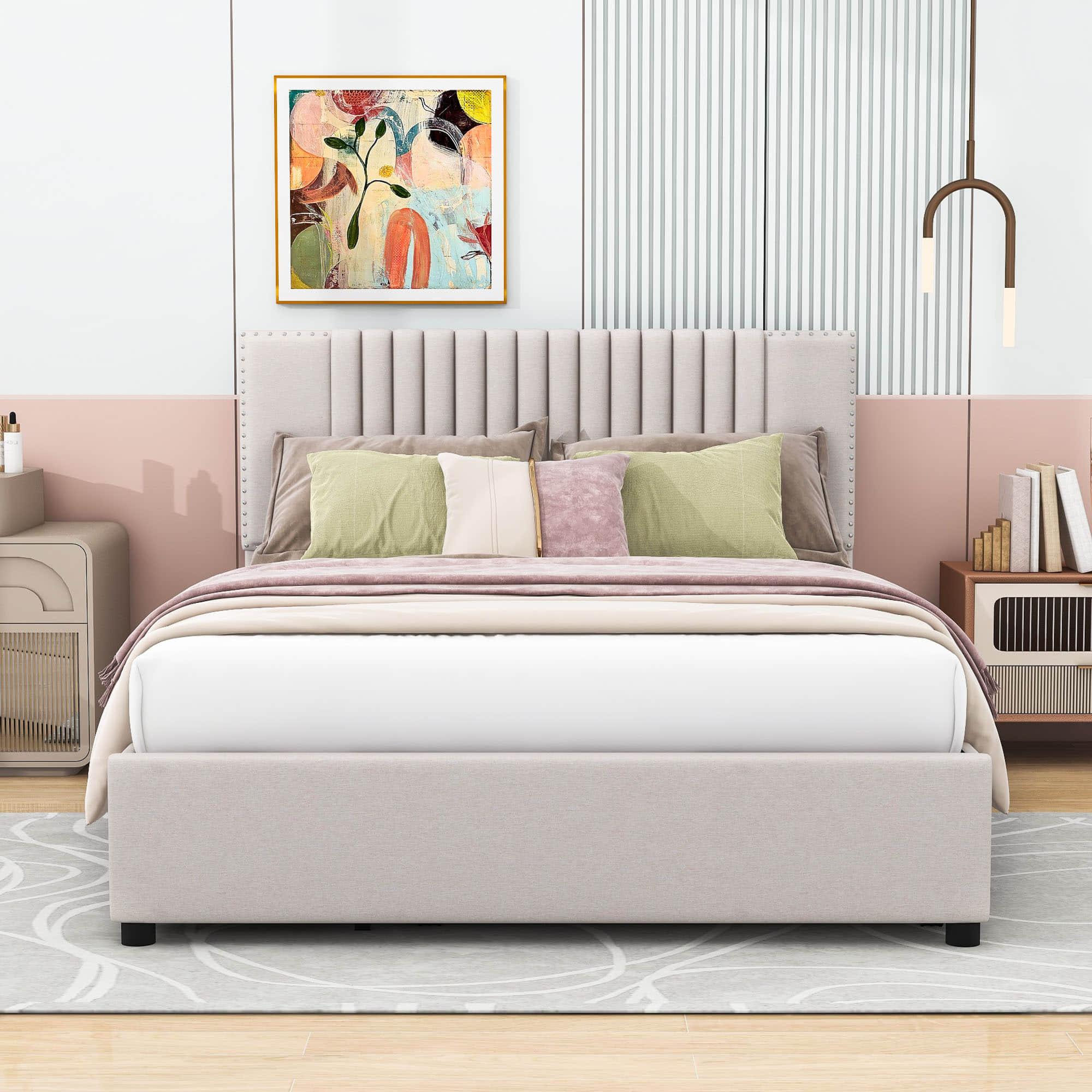 Upholstered Full Size Platform Bed Frame with Storage and Twin Trundle - [Drawers, Headboard]