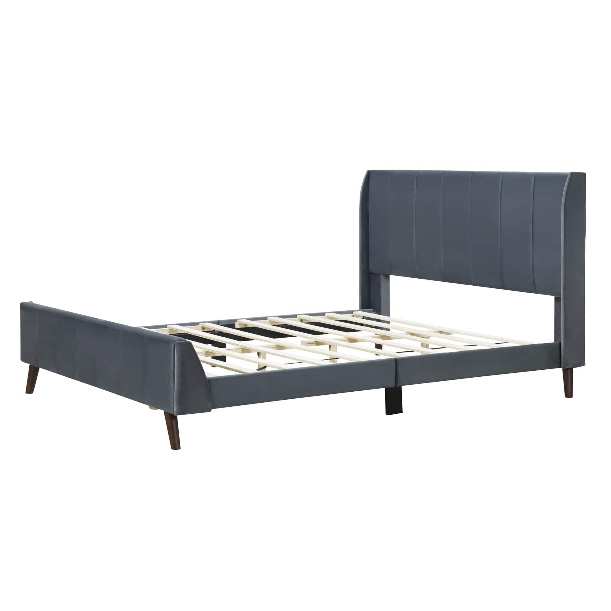 Modern Velvet Upholstered Queen Bed Frame with Wingback Headboard