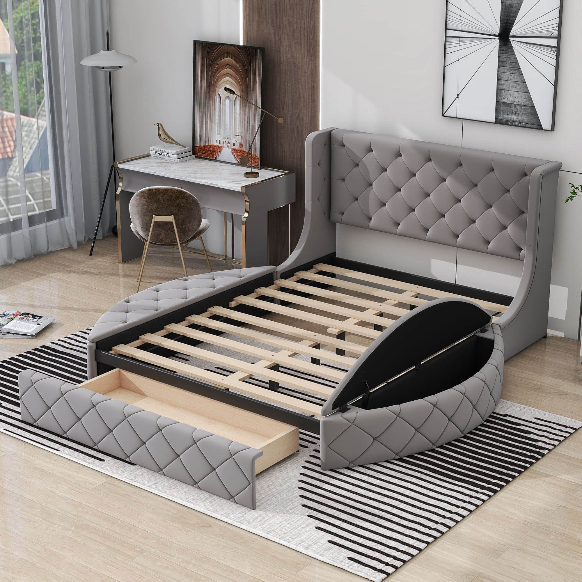 Upholstered Queen Platform Bed Frame with Wingback Headboard and Storage