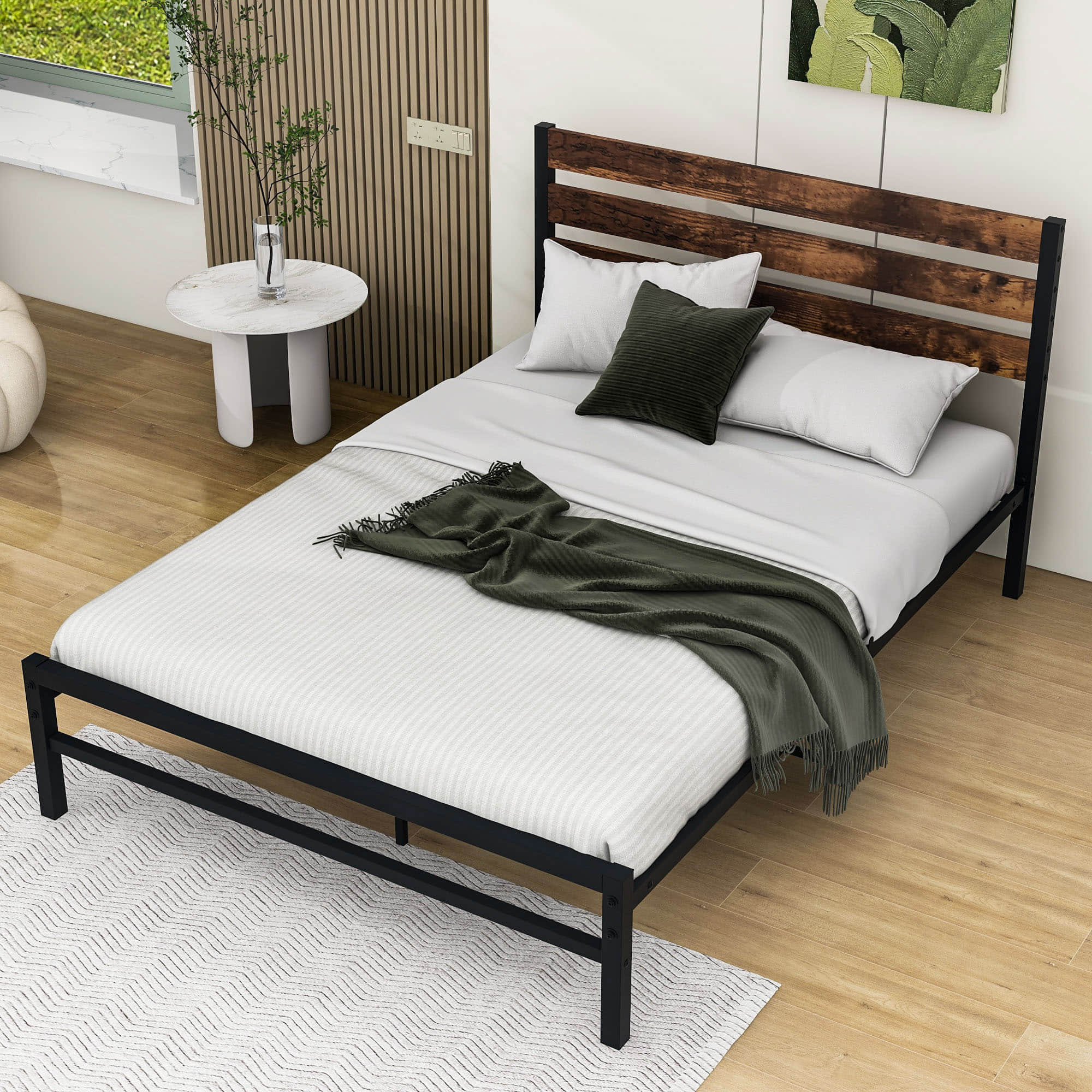 Rustic Full Size Metal Bed Frame with Vintage Wood Headboard