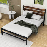 Rustic Full Size Metal Bed Frame with Vintage Wood Headboard