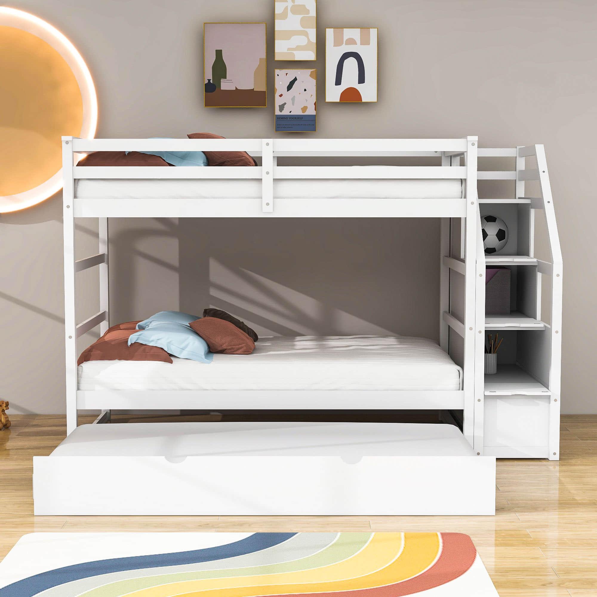 Low Twin Over Twin Bunk Beds for Kids with Storage Stairs and Trundle