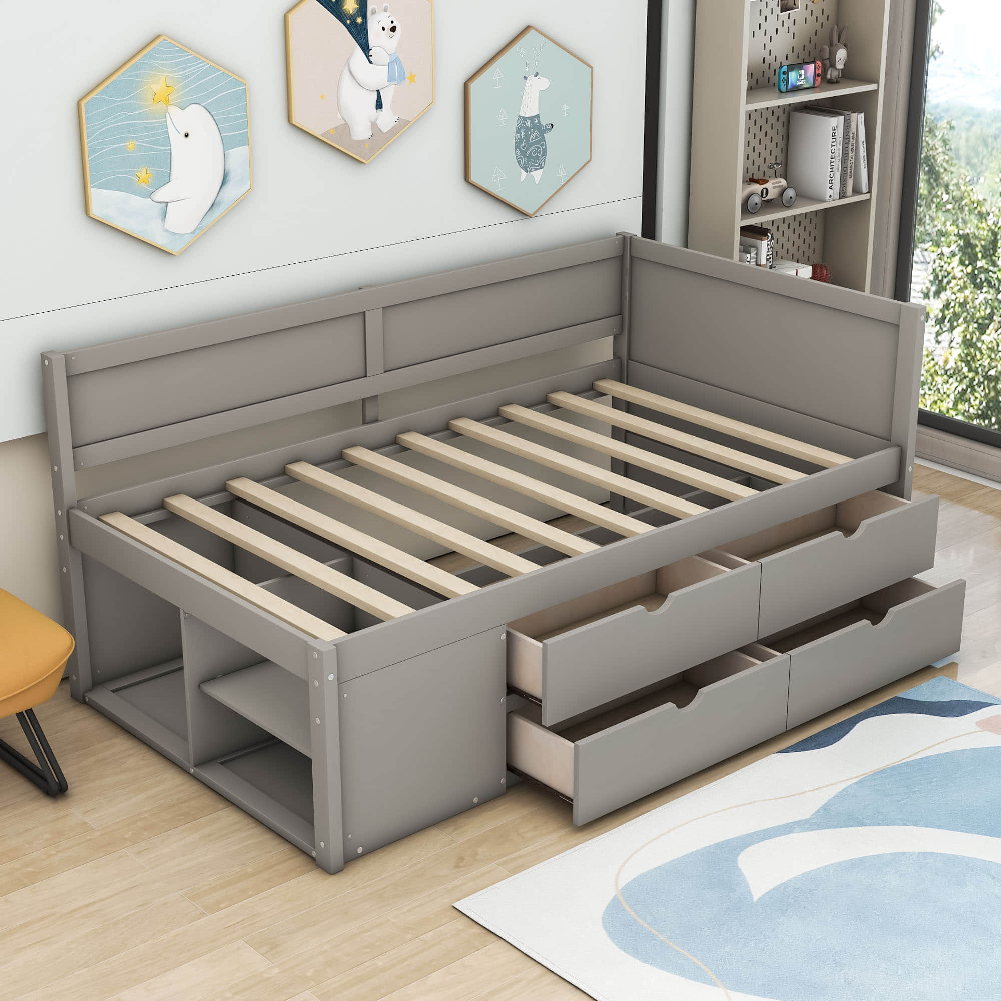 Wood Twin Daybed with Storage Drawers and Shelves for Kids