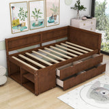 Wood Twin Daybed with Storage Drawers and Shelves for Kids