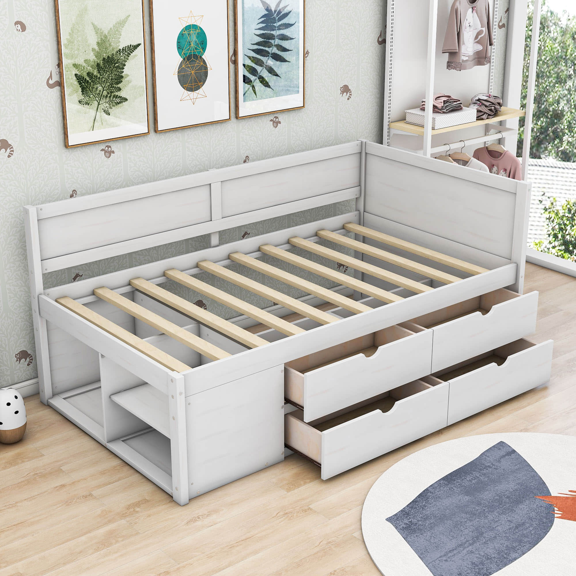 Wood Twin Daybed with Storage Drawers and Shelves for Kids