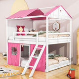 Fun Full Over Full House Loft Bunk Beds for Kids with Curtains - [Low]