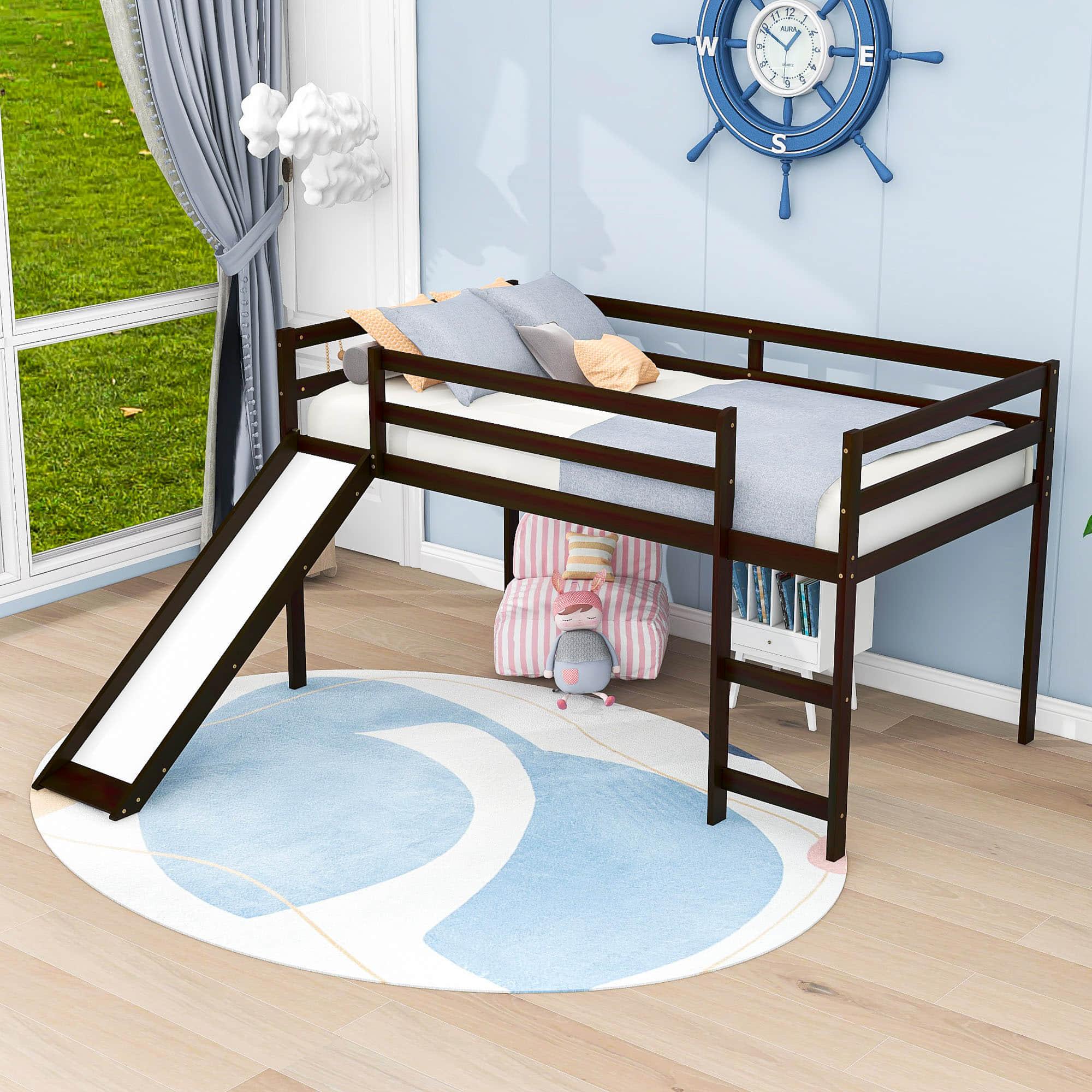 Wood Low Twin Loft Bed for Kids, Toddler with Slide