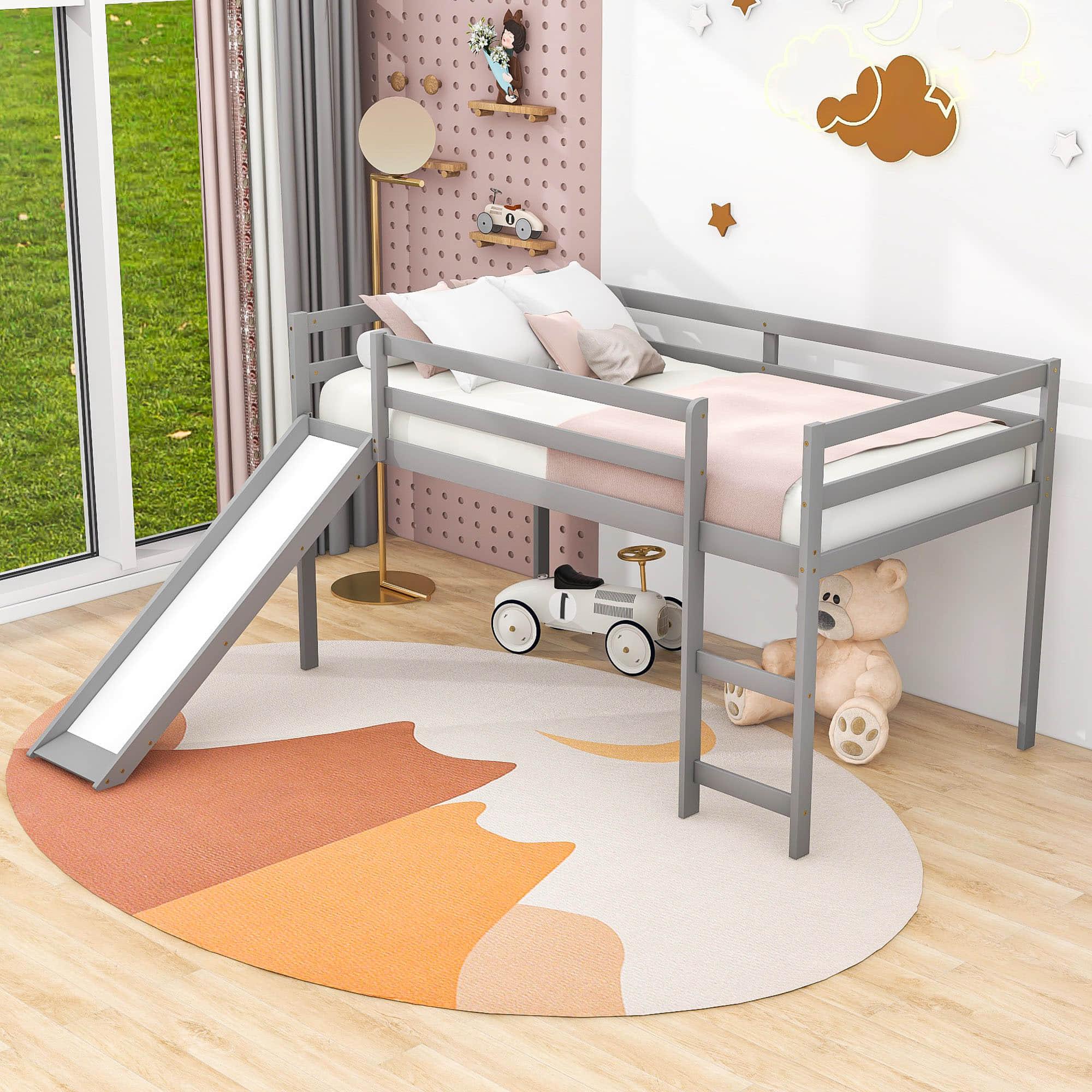 Wood Low Twin Loft Bed for Kids, Toddler with Slide