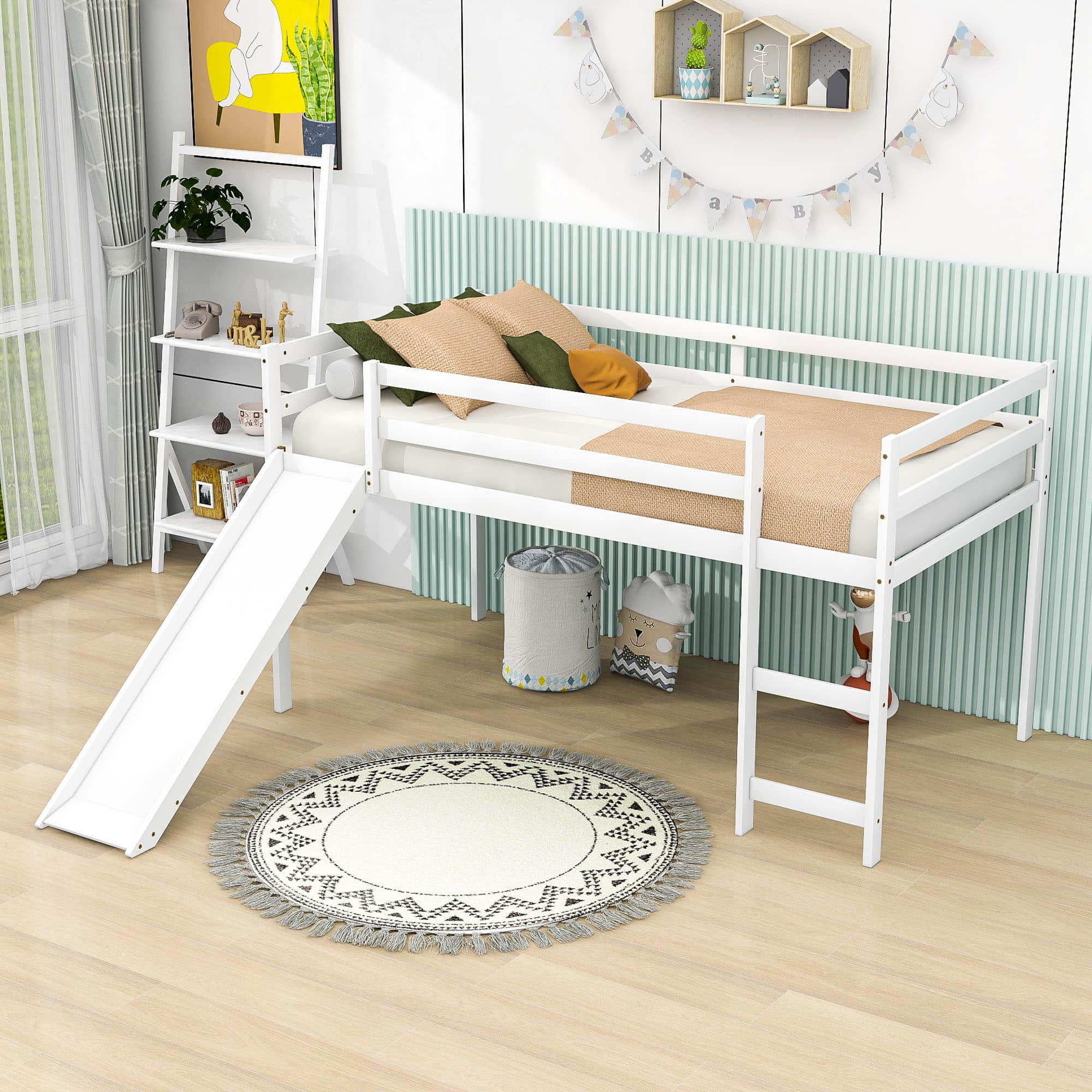 Wood Low Twin Loft Bed for Kids, Toddler with Slide