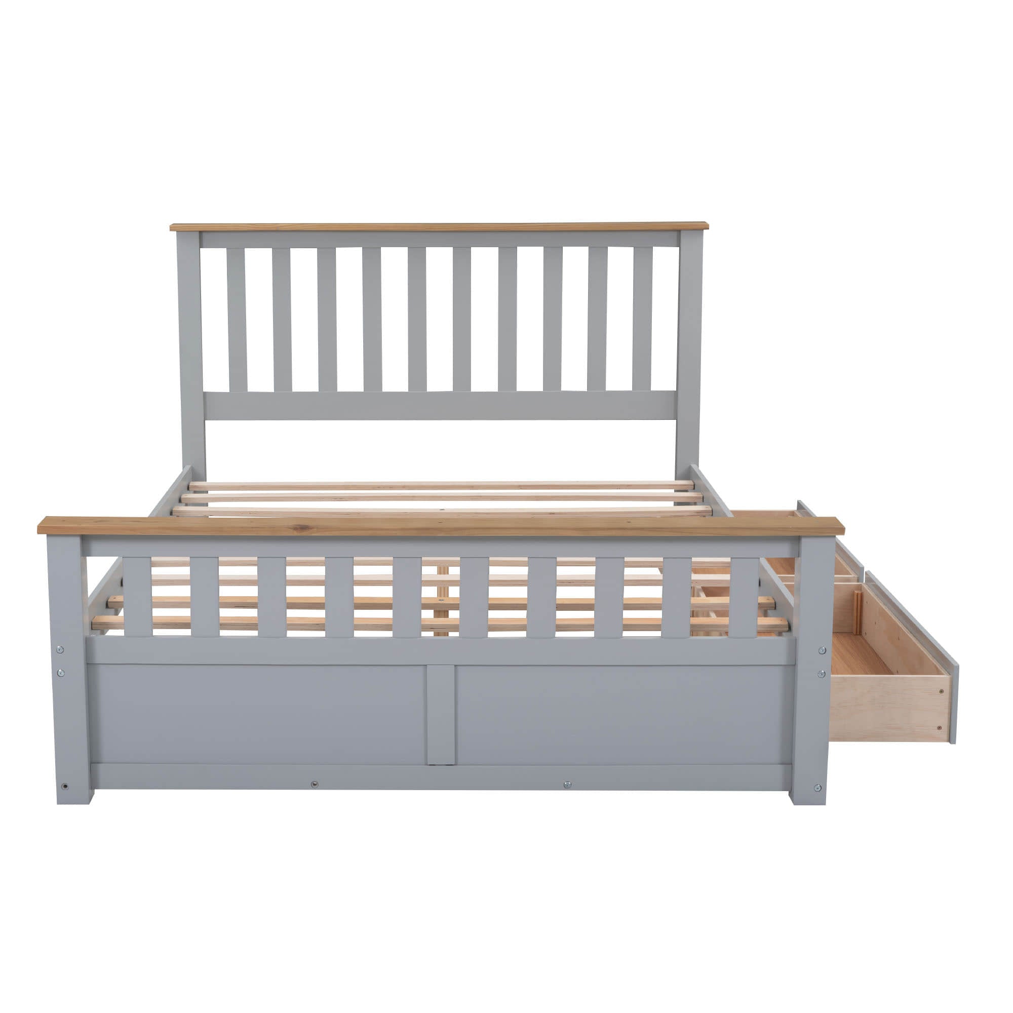 Wooden Queen Size Platform Bed Frame with Storage and Slat Headboard