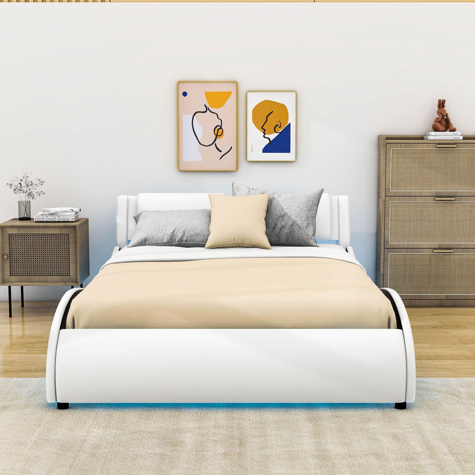 Modern Queen Upholstered Platform Bed Frame with Headboard and Lights