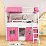 Fun Full Over Full House Loft Bunk Beds for Kids with Curtains - [Low]