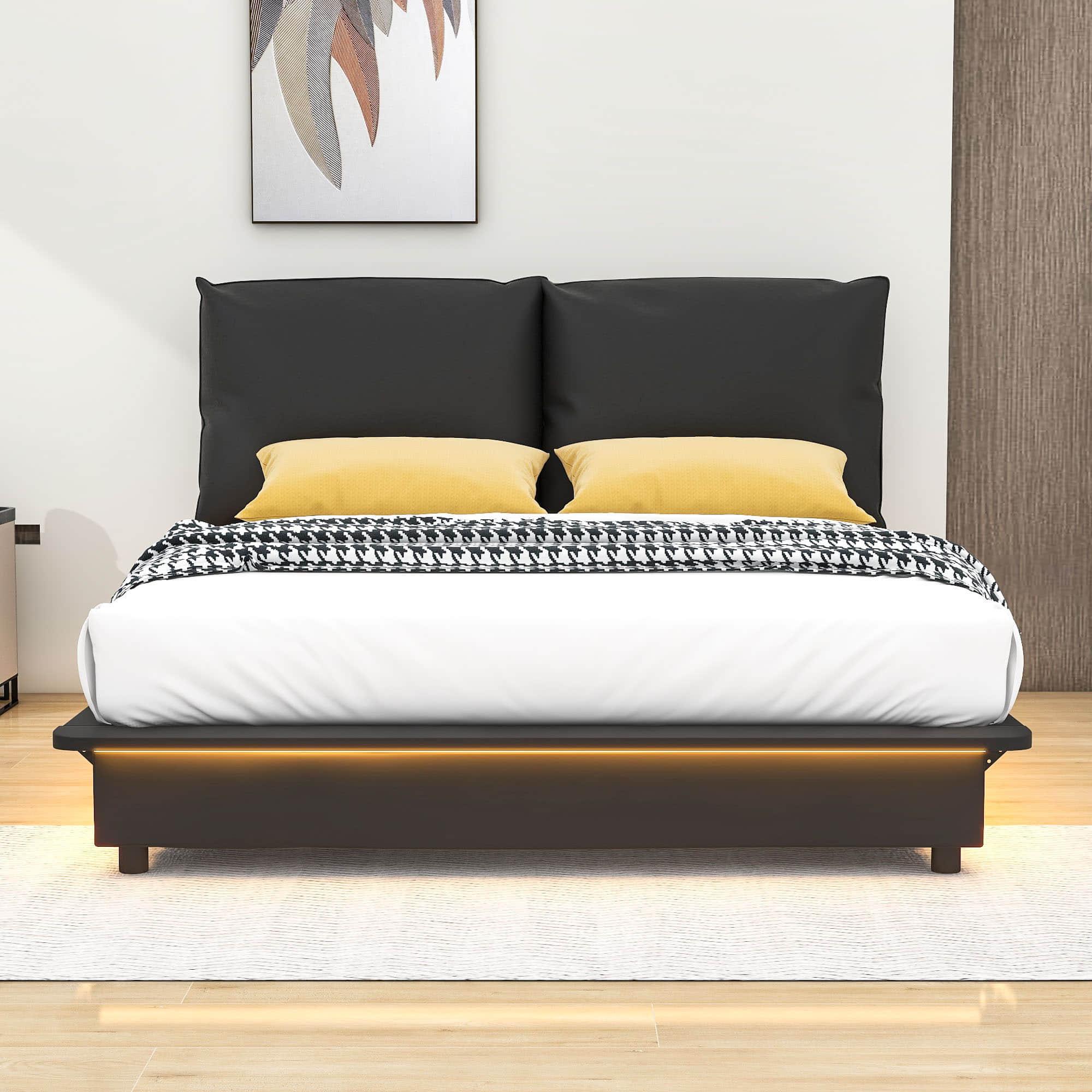 Upholstered Modern Queen Bed Frame with Headboard and LED Lights