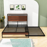 Full Size Smart Platform Bed with Twin Trundle Bed and Shelf Headboard