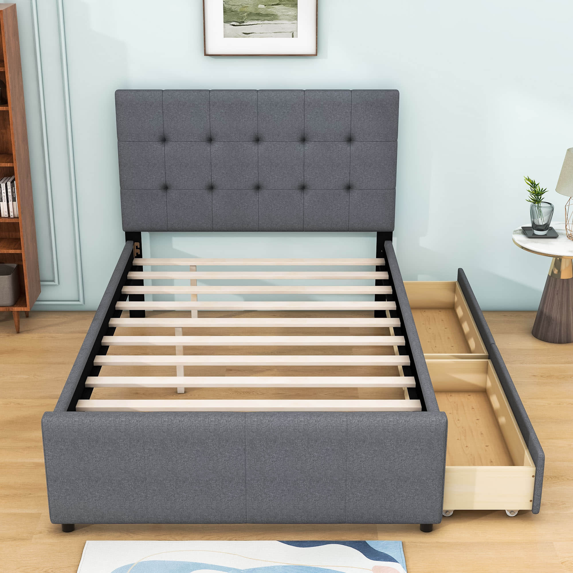 Full Size Linen Upholstered Platform Bed with Storage and Headboard - [Drawers]