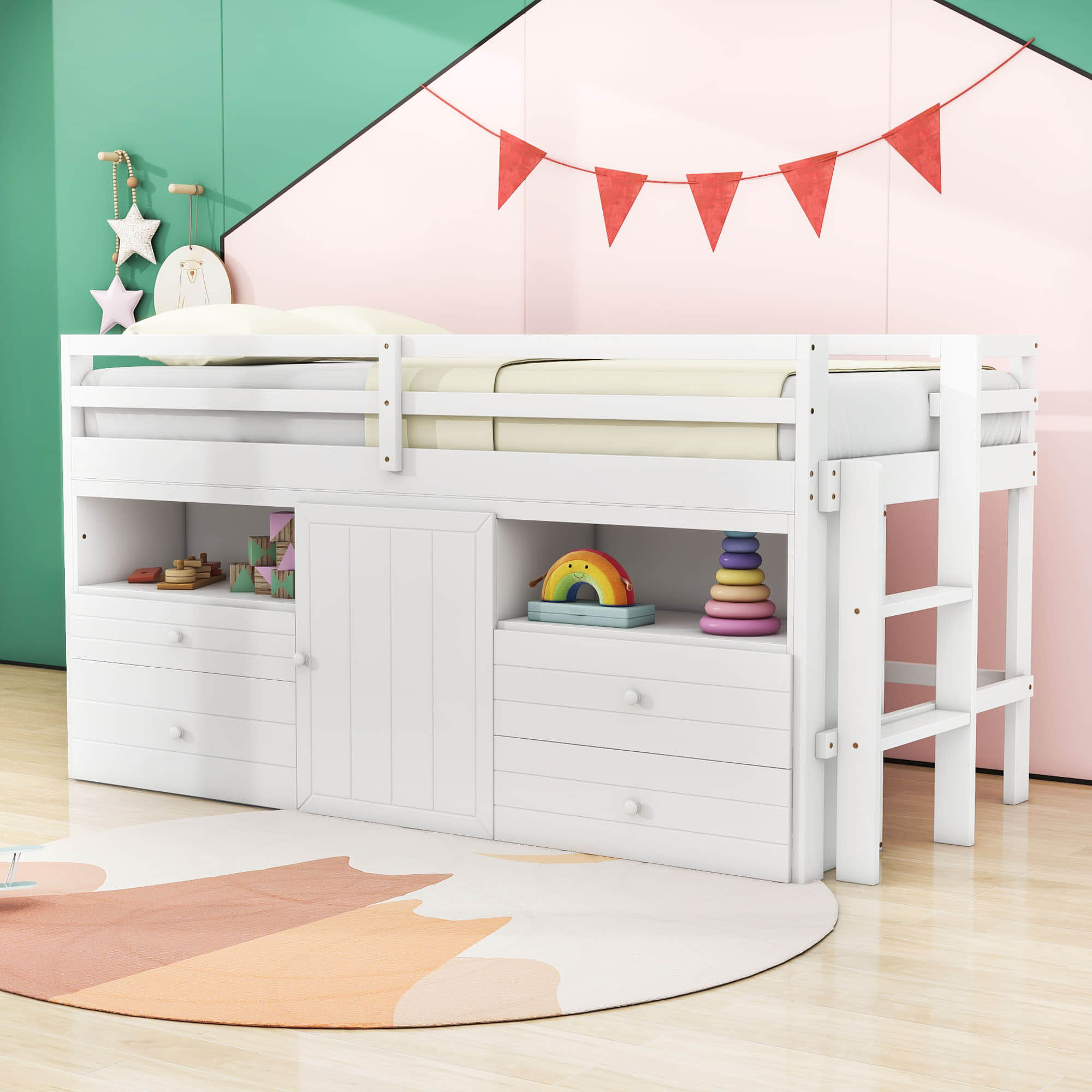 Low Twin Loft Bed Frame with Storage for Kids - [Drawers, Cabinet, Shelves]