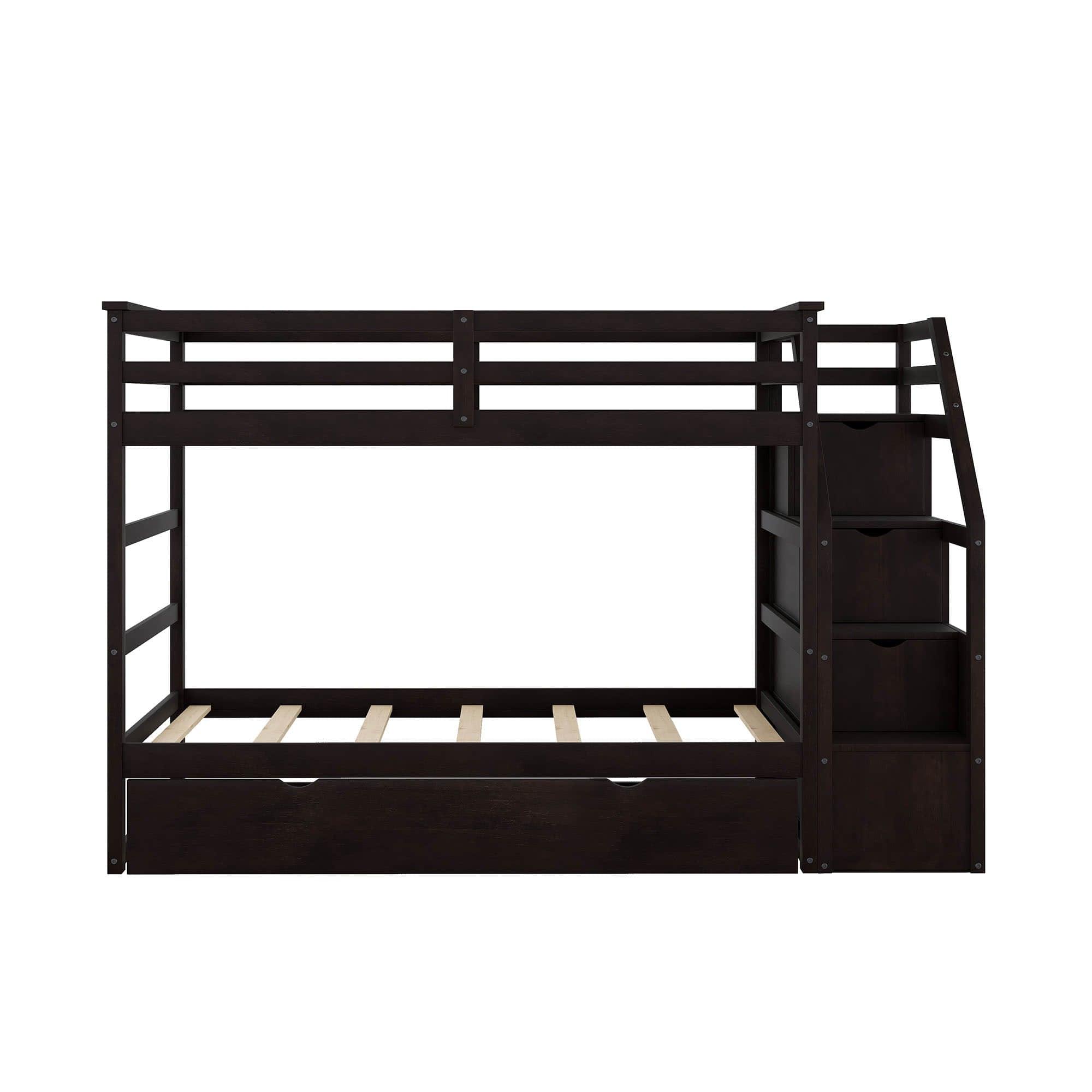 Low Twin Over Twin Bunk Beds for Kids with Storage Stairs and Trundle