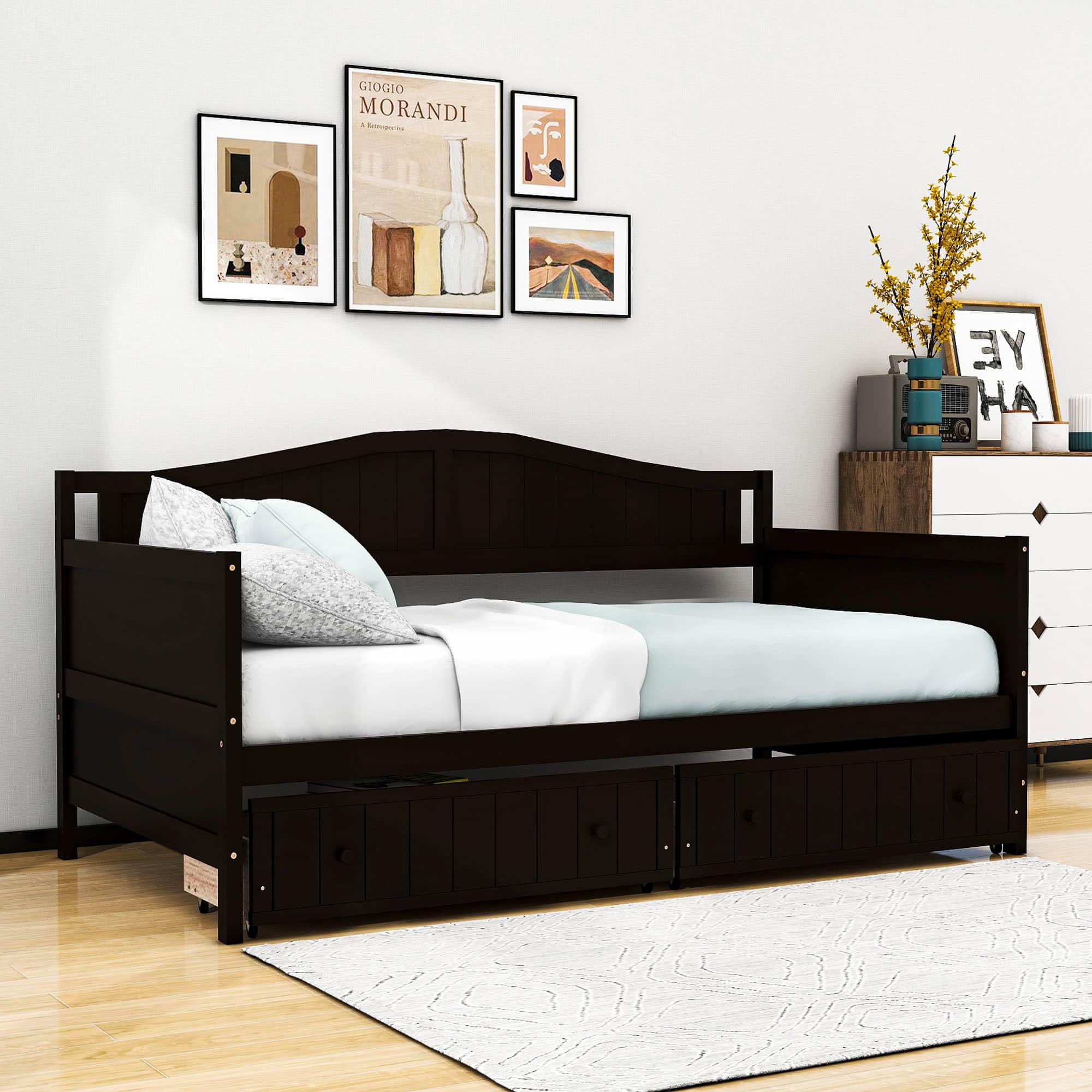 Wood Twin Daybed with Storage Drawers and Arch Back