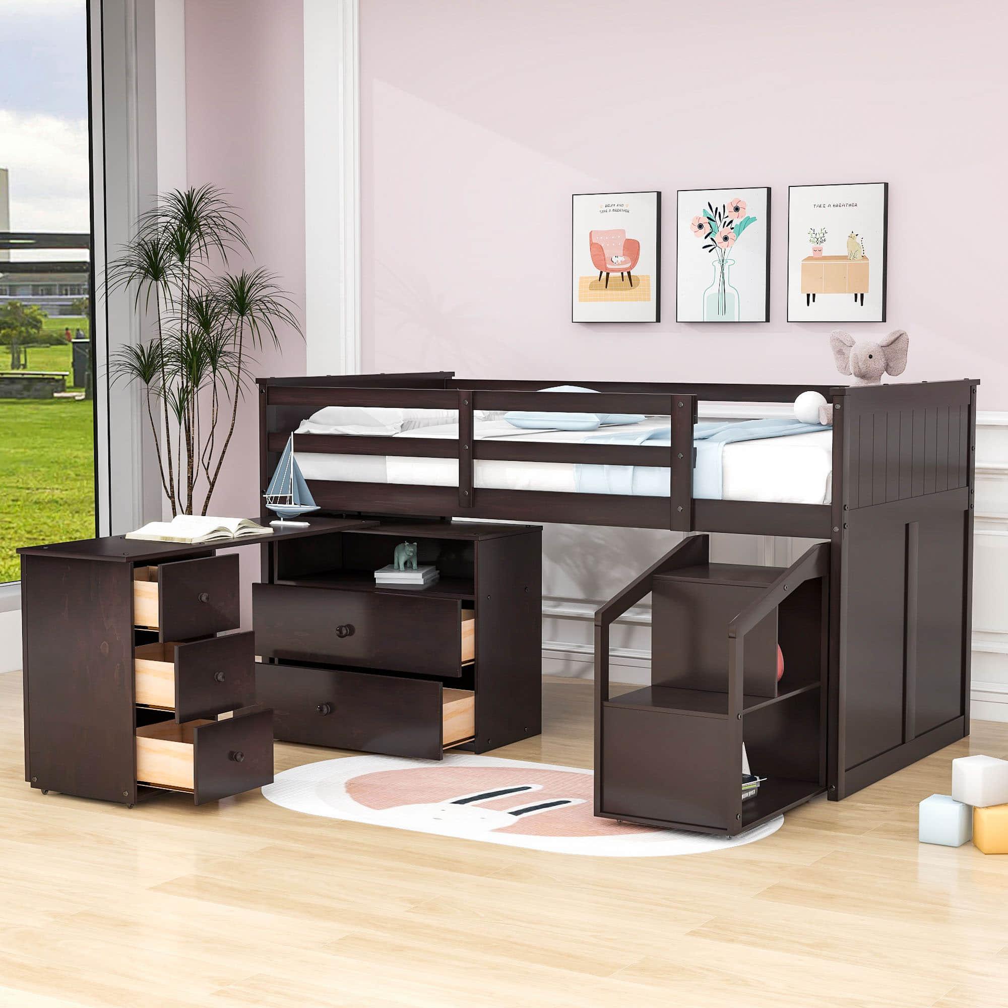 Low Twin Loft Bed with Portable Desk and Stairs, Storage - [Wood, Drawers, Shelves]