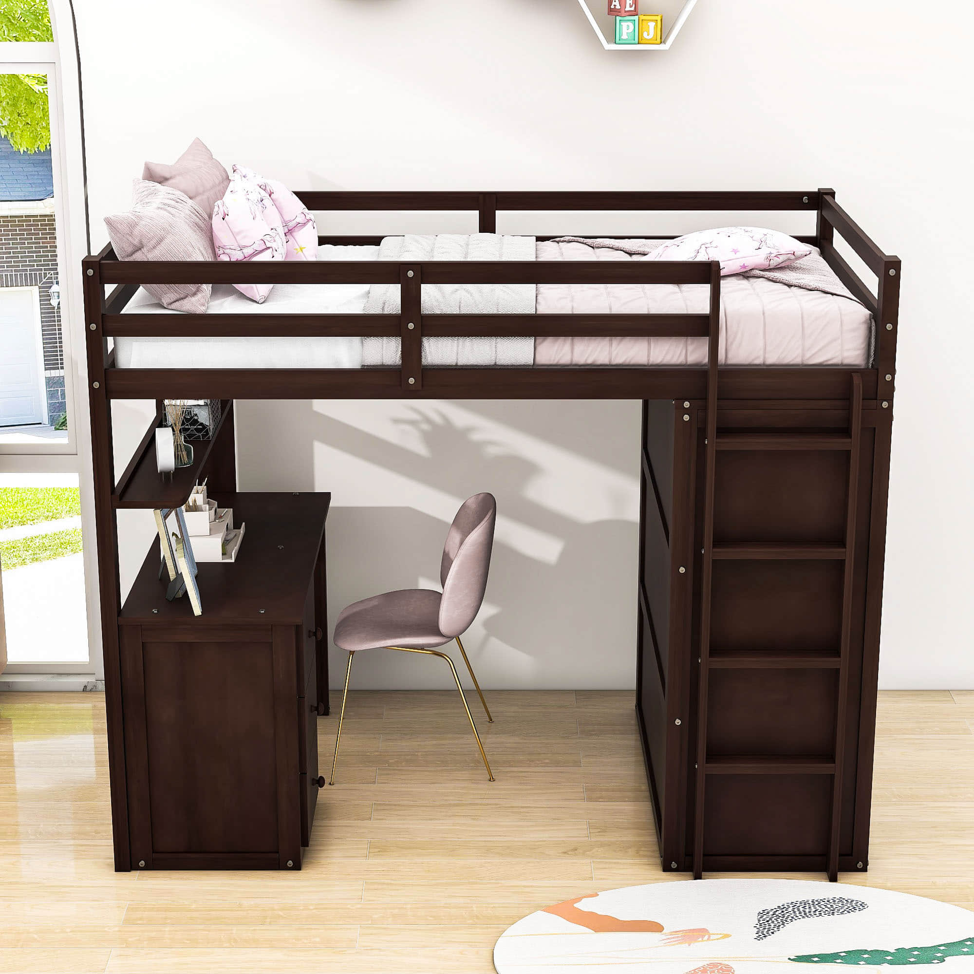 Wood Twin Loft Bed with Desk and Storage for Kids, Adults - [Wardrobe]