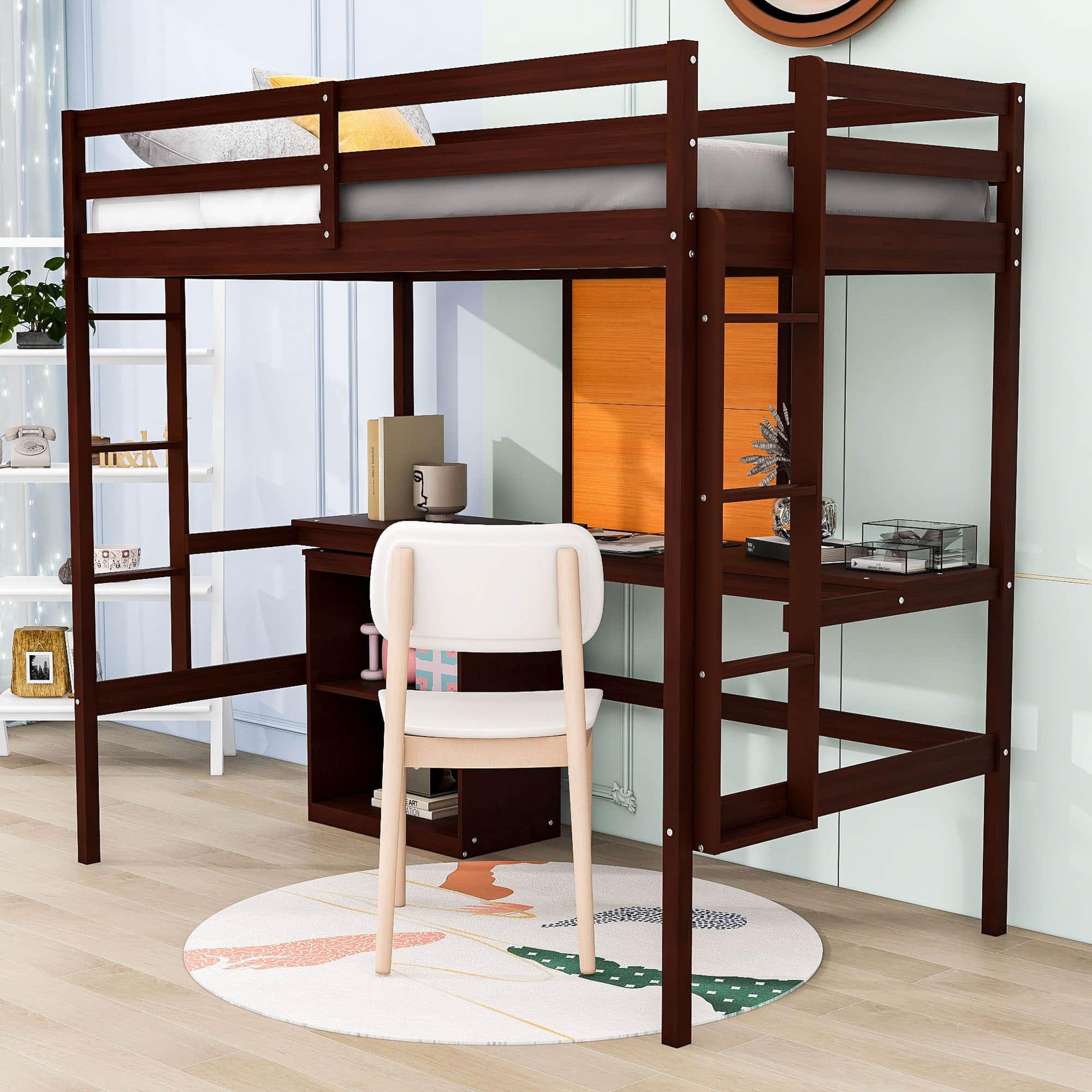 Wood Twin Loft Bed with Desk and Storage for Adults, Kids - [Cabinet]