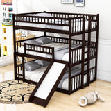 Low Triple Full Size Bunk Beds with Slide for Kids Toddler - [Wooden, Floor]