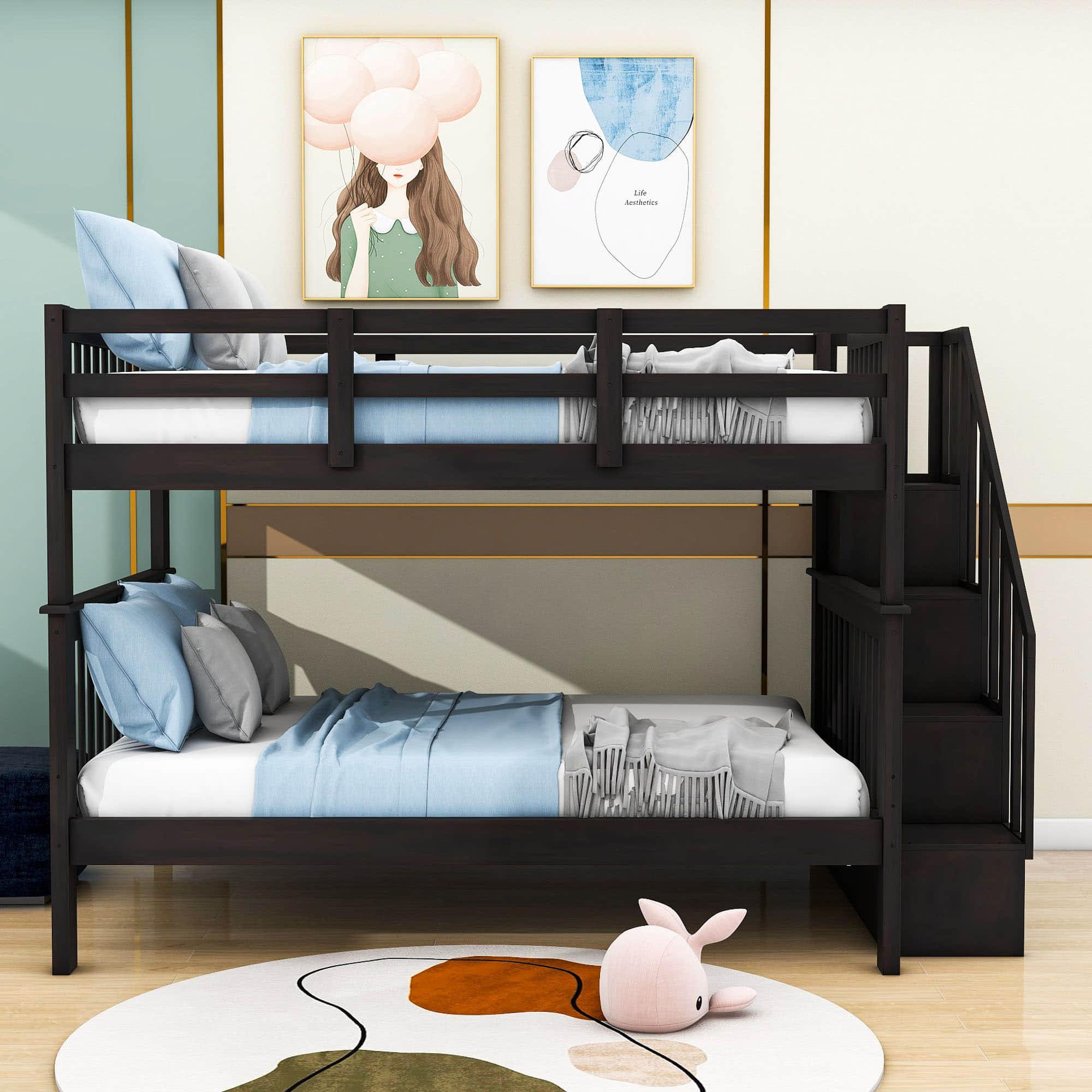 Wooden Full Over Full Bunk Beds with Storage and Stairs - [Detachable]