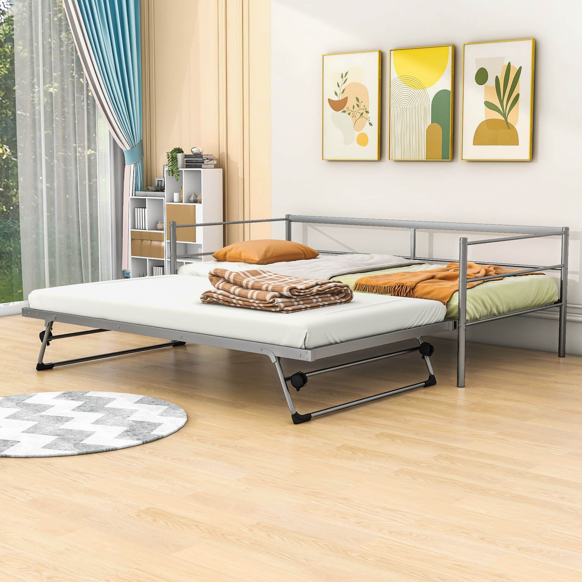 Convertible Metal Twin Daybed with Pop Up Trundle Bed