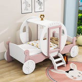 Twin Wood Girls Princess Bed with Stairs - [Carriage Bed with Crown]