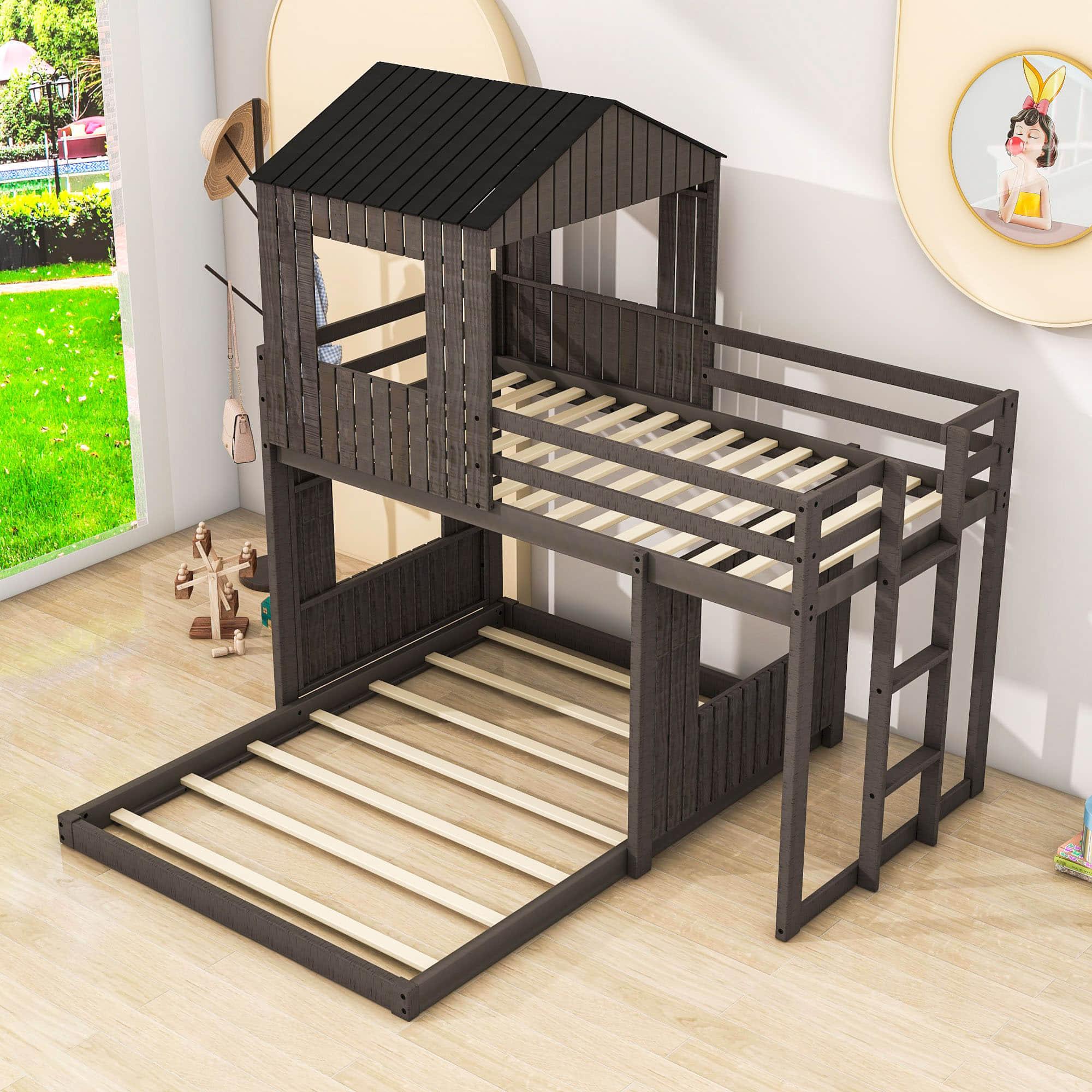 Fun Wooden L-Shaped Twin Over Full House Bunk Beds for Kids - [Low to Floor]